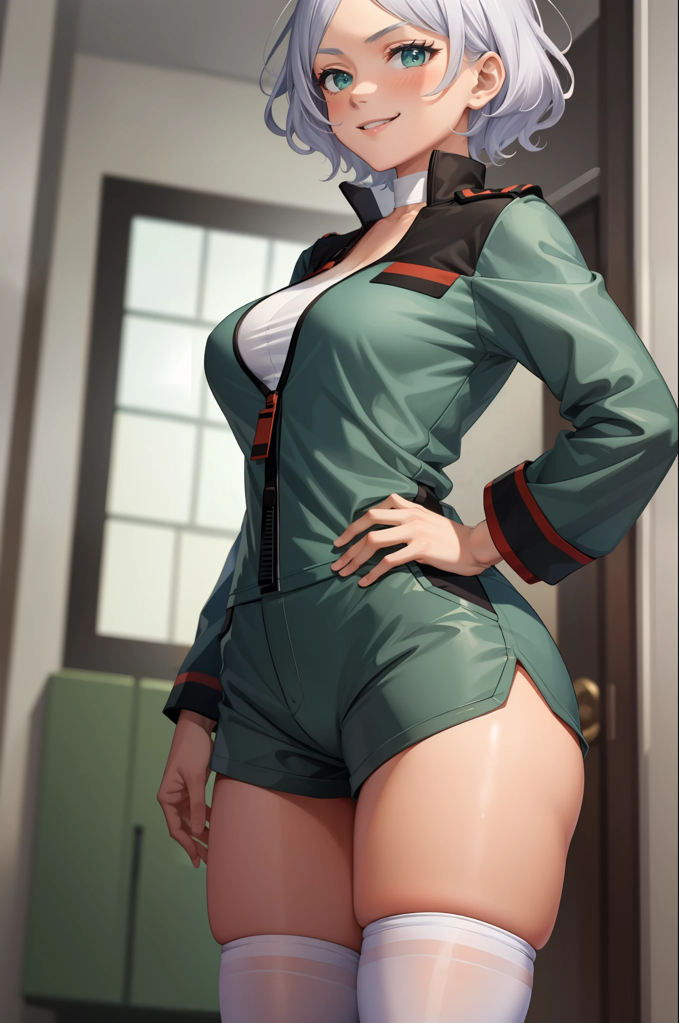 masterpiece, best quality, absurdres, perfect anatomy, 1girl, solo, Secelia Dote, short hair, SeceliaUniform, asticassia school uniform, partially unzipped, green shorts, white thighhighs, standing, smile, indoors, hands on hips, breasts