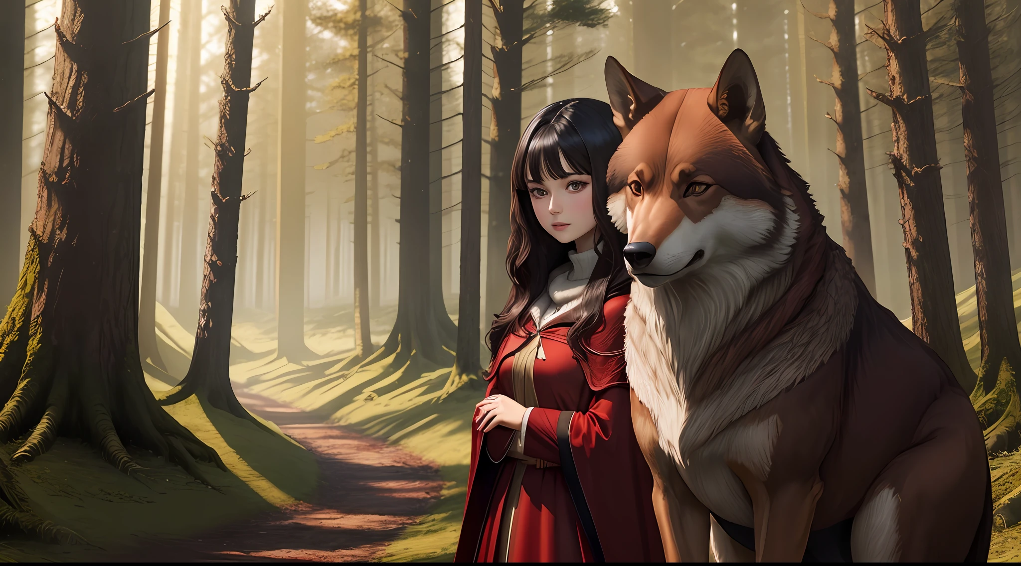 A dark-haired girl in a red cloak holds a brown wolf,at a forest, 8K,hyper HD,full bodyesbian,Stand far away,Stay away from the lens