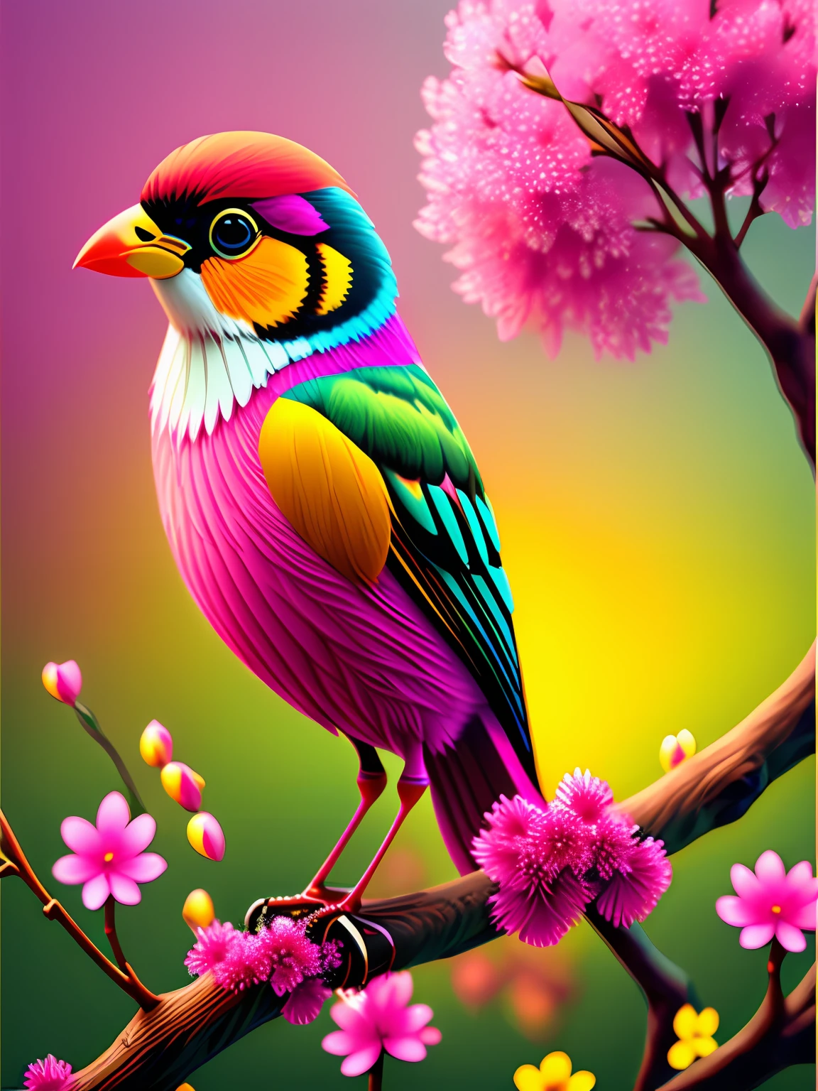 a bird sitting on a branch with pink flowers, cgi art, red-yellow colors, hyperrealistic sparrows, pinterest, photorealistic artstyle, in rich color, an ai generated image, very detailed portrait, singing for you, breathtaking render