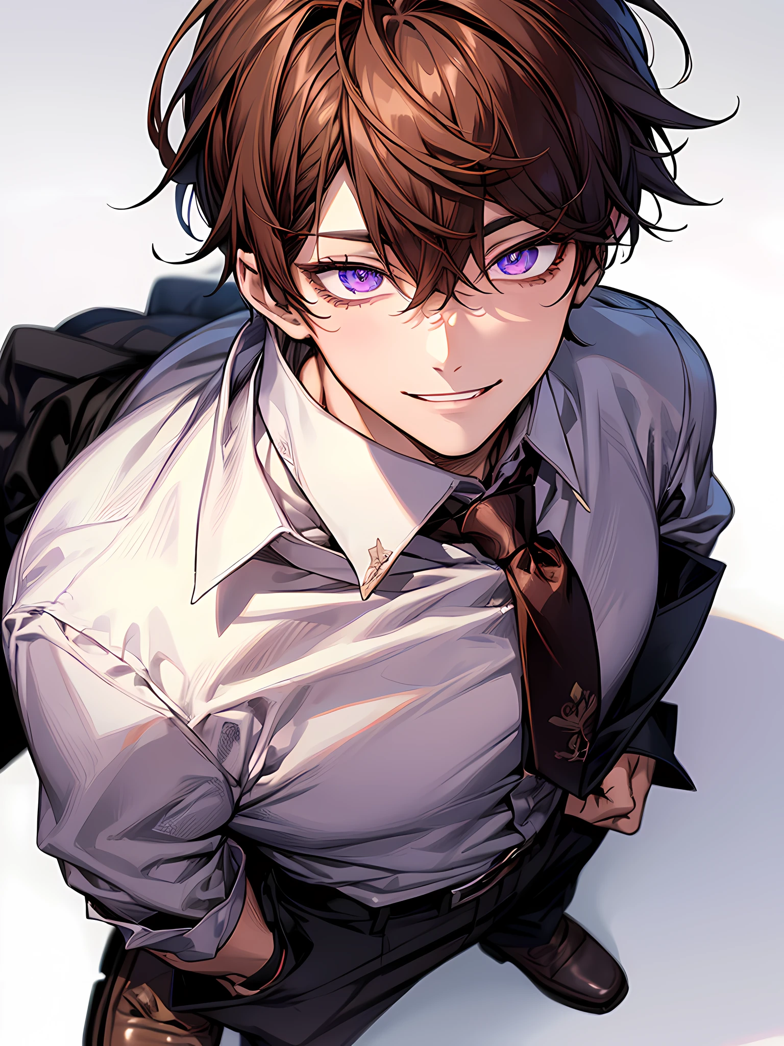virtual_youtuber, 1boy, male_focus, solo, brown_hair, necktie, purple_eyes, brown_footwear, full_body, straight-on, looking_at_viewer, pants, smile, white shirt, collared shirt, hair_between_eyes, (VERY DETAILED EYES:1.5), white_background