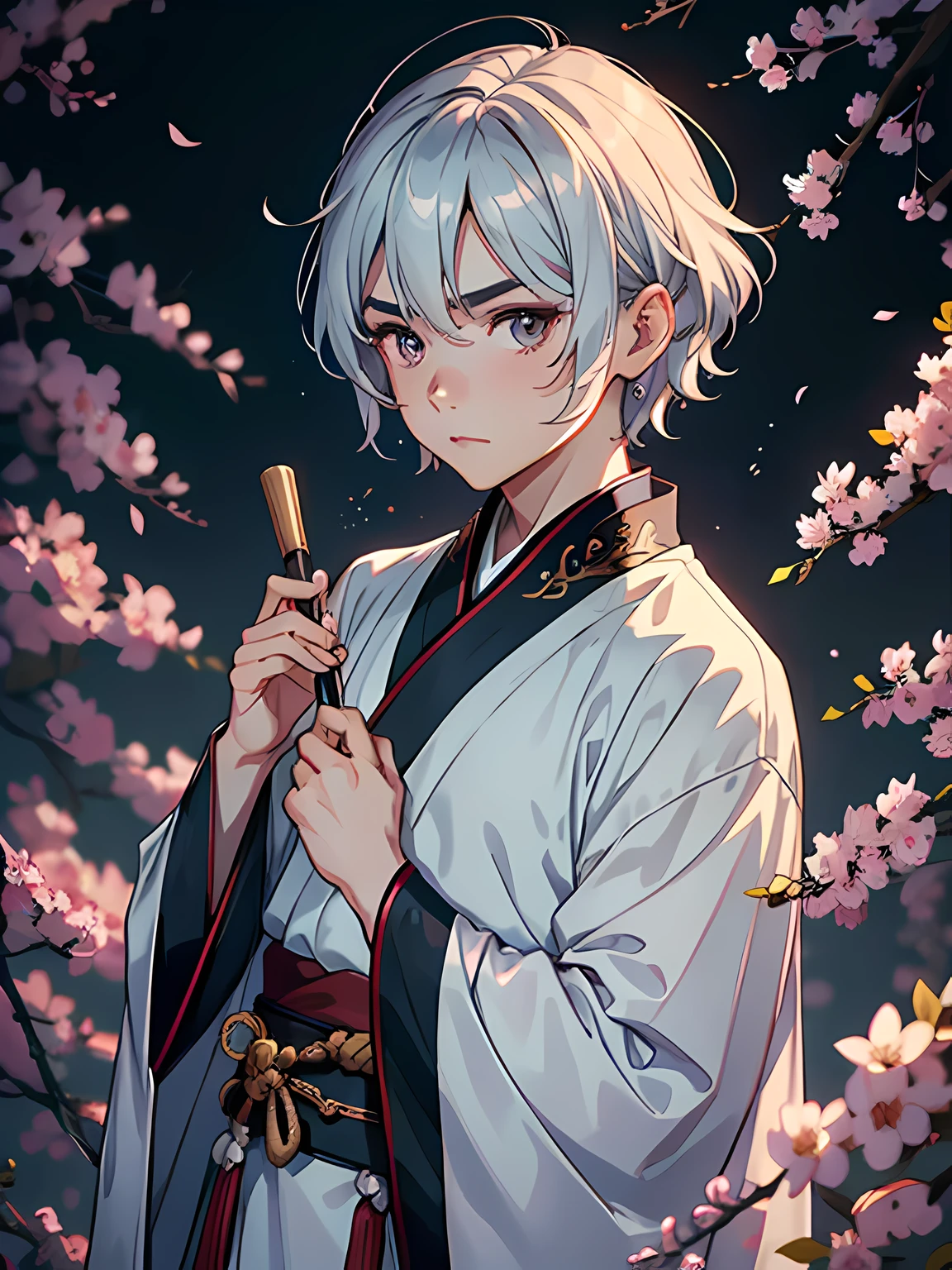 male people,Libido boy,Beautiful boy,silber hair,short detailed hair,(Hanfu),precipice,China-style,thick eyebrow,Works of masters,Best image quality,Higher quality,high detal,超高分辨率,bust,cultivating immortals