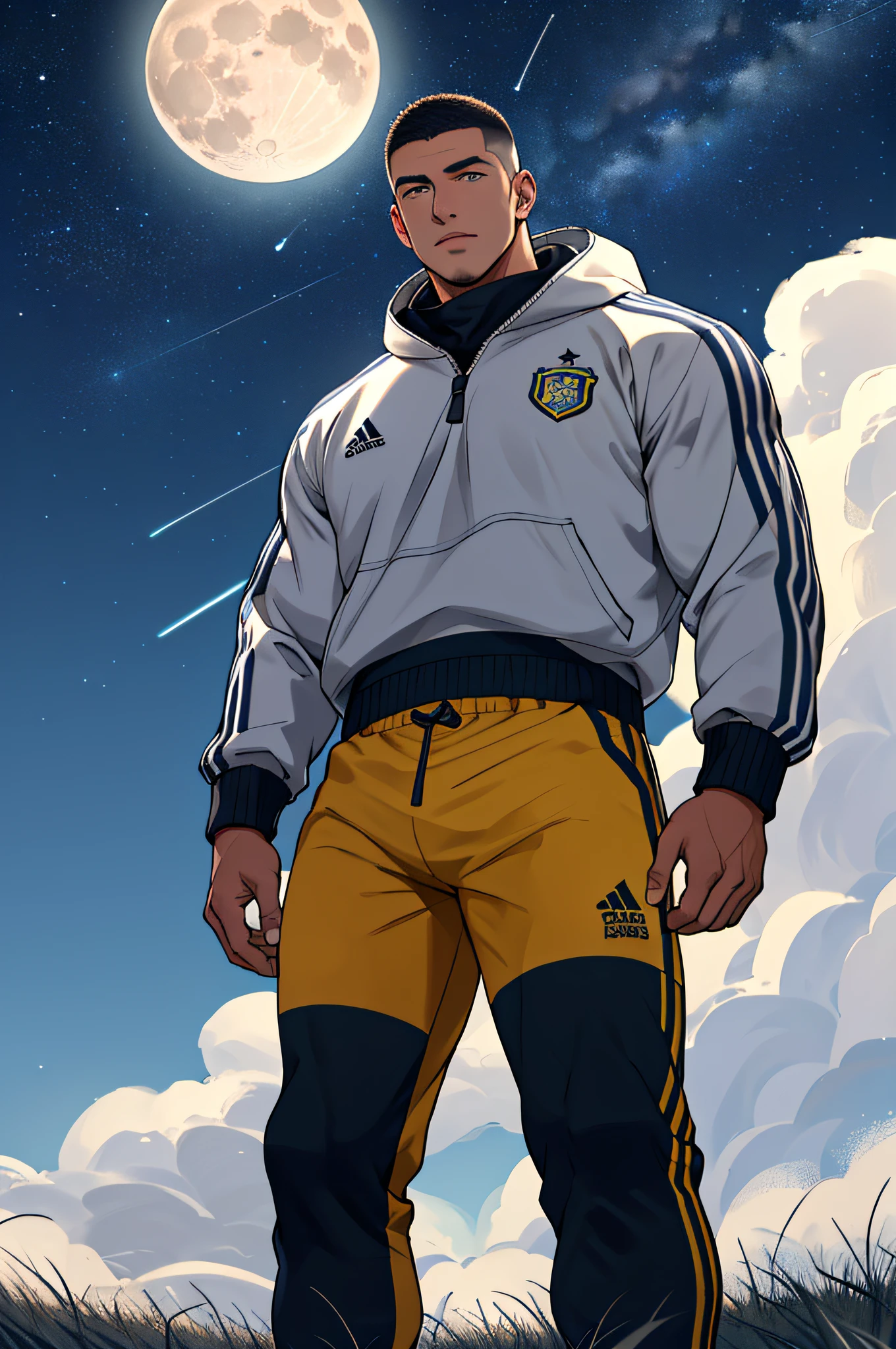 Draw a full-fledged footballer,Standing on the steppe at night,He was wearing a tracksuit,The man looks confident and determined,looking-down,Crew cut,full bodyesbian,Stars dot the sky,shooting from below,Big moon highlights background