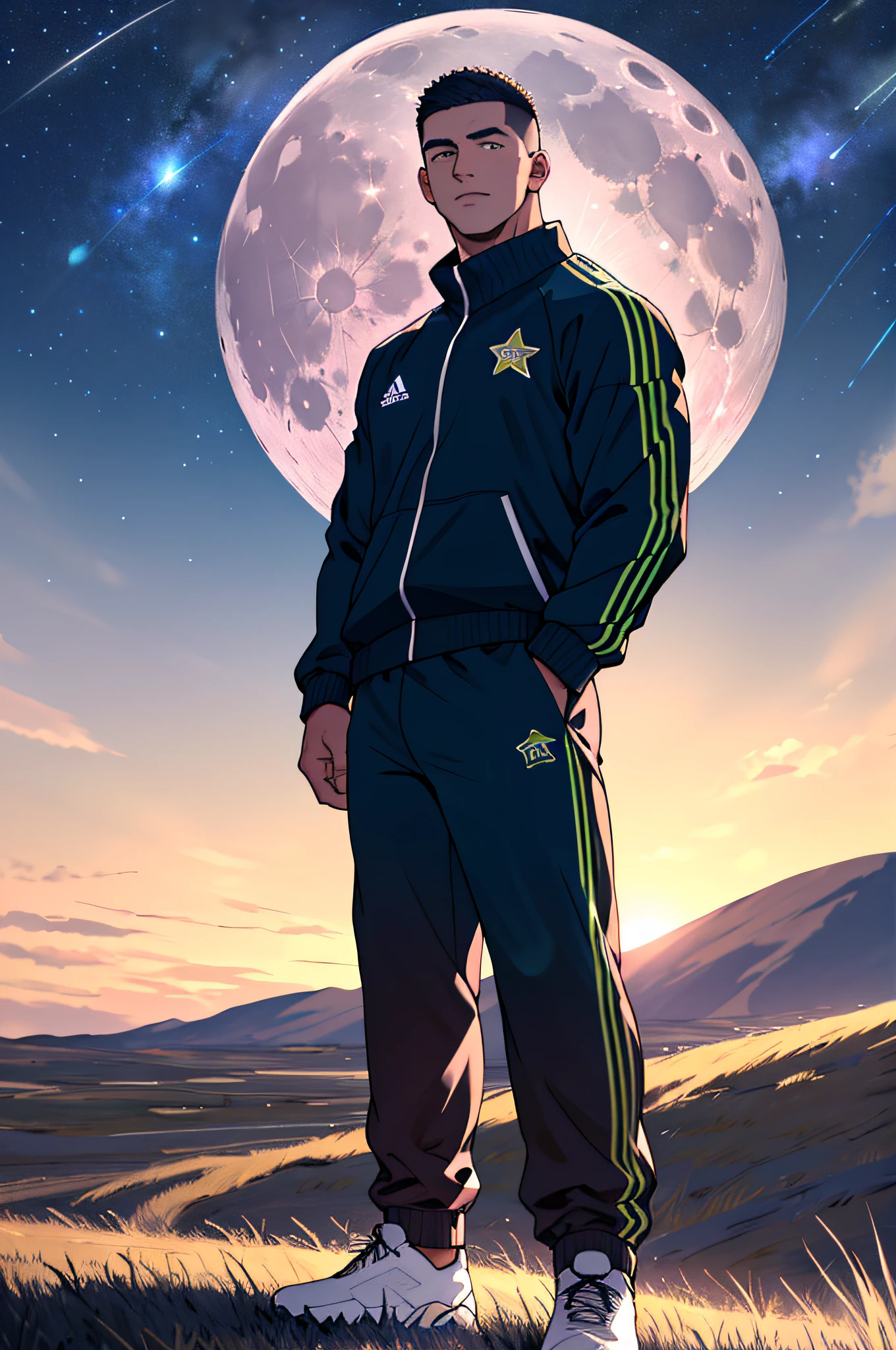 Draw a full-fledged footballer,Standing on the steppe at night,He was wearing a tracksuit,The man looks confident and determined,looking-down,Crew cut,full bodyesbian,Stars dot the sky,shooting from below,Big moon highlights background