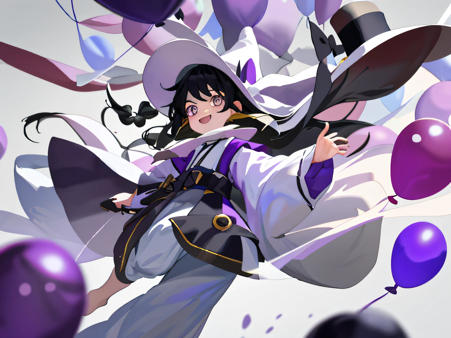 8k,tmasterpiece,high qulity,ember,children's,Black hair and white eyes,oil painted,Q version,Purple balloon sleeves,Western-style children's clothing,wearing a tophat,holding a white wolf in,having fun