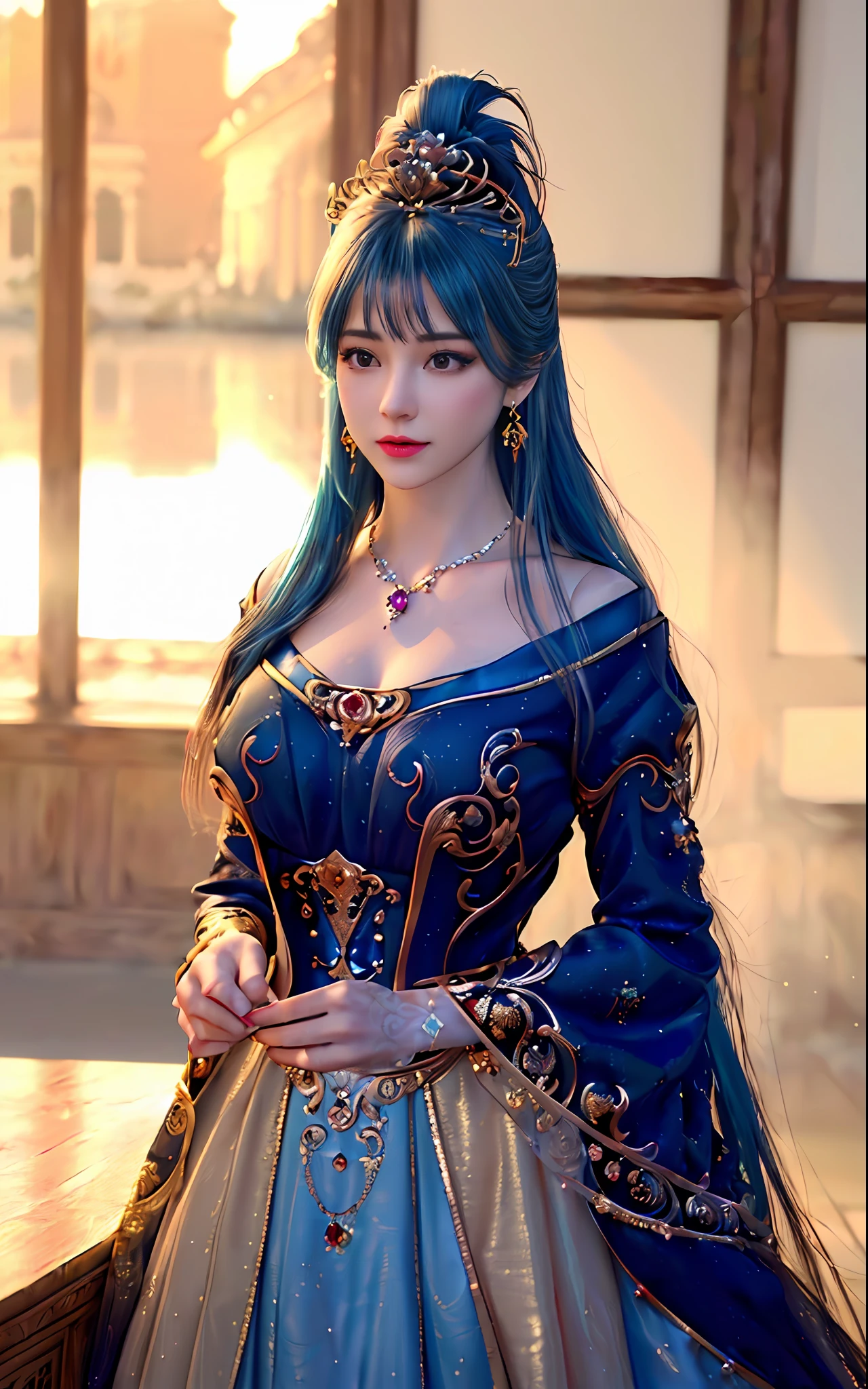 ((realisticity: 1.2)), ((best resolution: 8K UHD)), best quality,masterpiece,highres,cg,
((1 super detailed and super realistic girl)), ((very beautiful queen dazzling, super realistic, and super detailed)),((white skin, beautiful, smooth, youthful, super realistic and super detailed
)), long hair, ((super realistic and super detailed dress)), solo, ((super realistic, super beautiful, gorgeous and super detailed jewelry)), ((super beautiful, super realistic and super detailed dark red and golden yellow dress)),
((super beautiful, super realistic, super detailed diamond filled earrings)),
  ((super beautiful, super realistic and super detailed diamond filled hair ornament)), ((super beautiful upper body, super beautiful, super realistic and super detailed)), ((big breasts: 2.5)), 
((super grand, super realistic and super detailed royal palace backgroun))
((super beautiful, super beautiful, super realistic and super detailed hair bun)), ((super beautiful, super realistic and super detailed blue hair)),
candid, Photograph, high resolution, 8k,Bokeh,