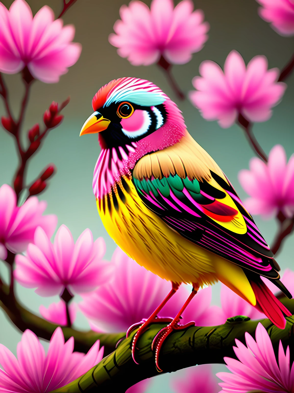 a bird sitting on a branch with pink flowers, cgi art, red-yellow colors, hyperrealistic sparrows, pinterest, photorealistic artstyle, in rich color, an ai generated image, very detailed portrait, singing for you, breathtaking render