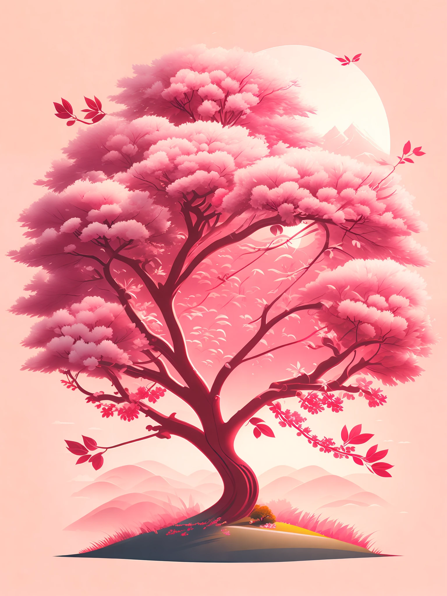 a cherry tree in a summer landscape, design de camiseta, rzminjourney, arte vetorial