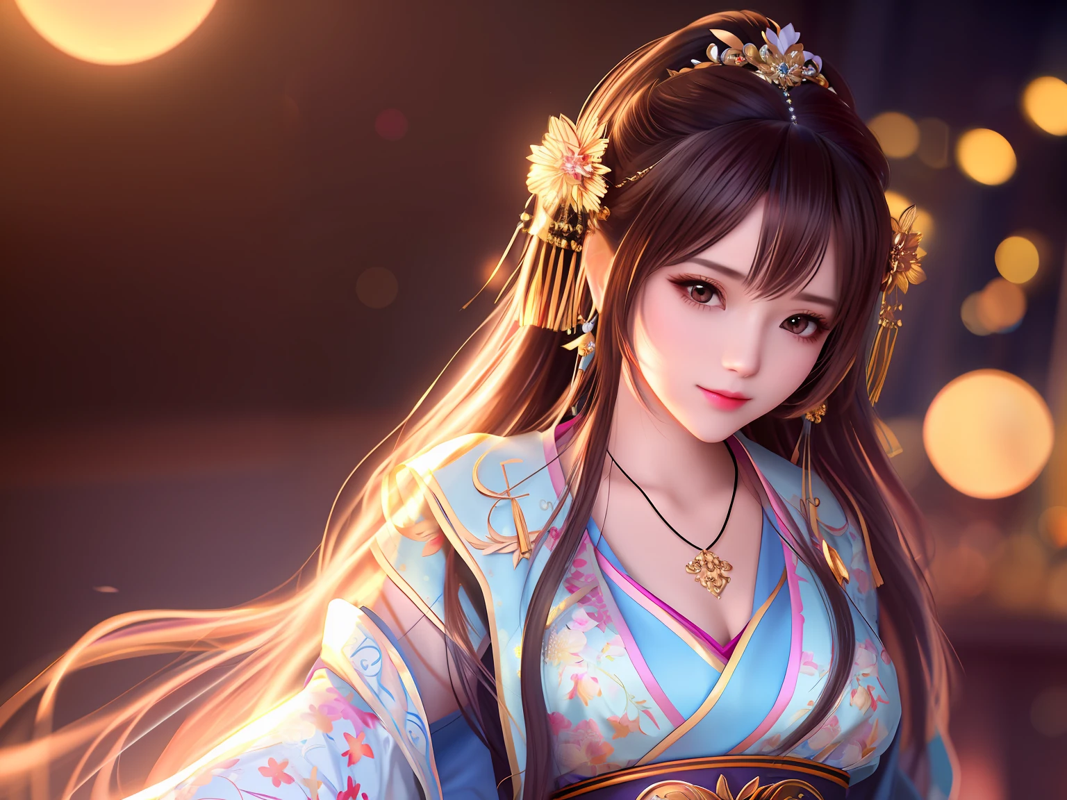 best quality, masterpiece, highres, 1girl,blush,(seductive smile:0.8),star-shaped pupils,china hanfu,hair ornament,necklace, jewelry,Beautiful face,upon_body, tyndall effect,photorealistic, dark studio, rim lighting, two tone lighting,(high detailed skin:1.2), 8k uhd, dslr, soft lighting, high quality, volumetric lighting, candid, Photograph, high resolution, 4k, 8k, Bokeh