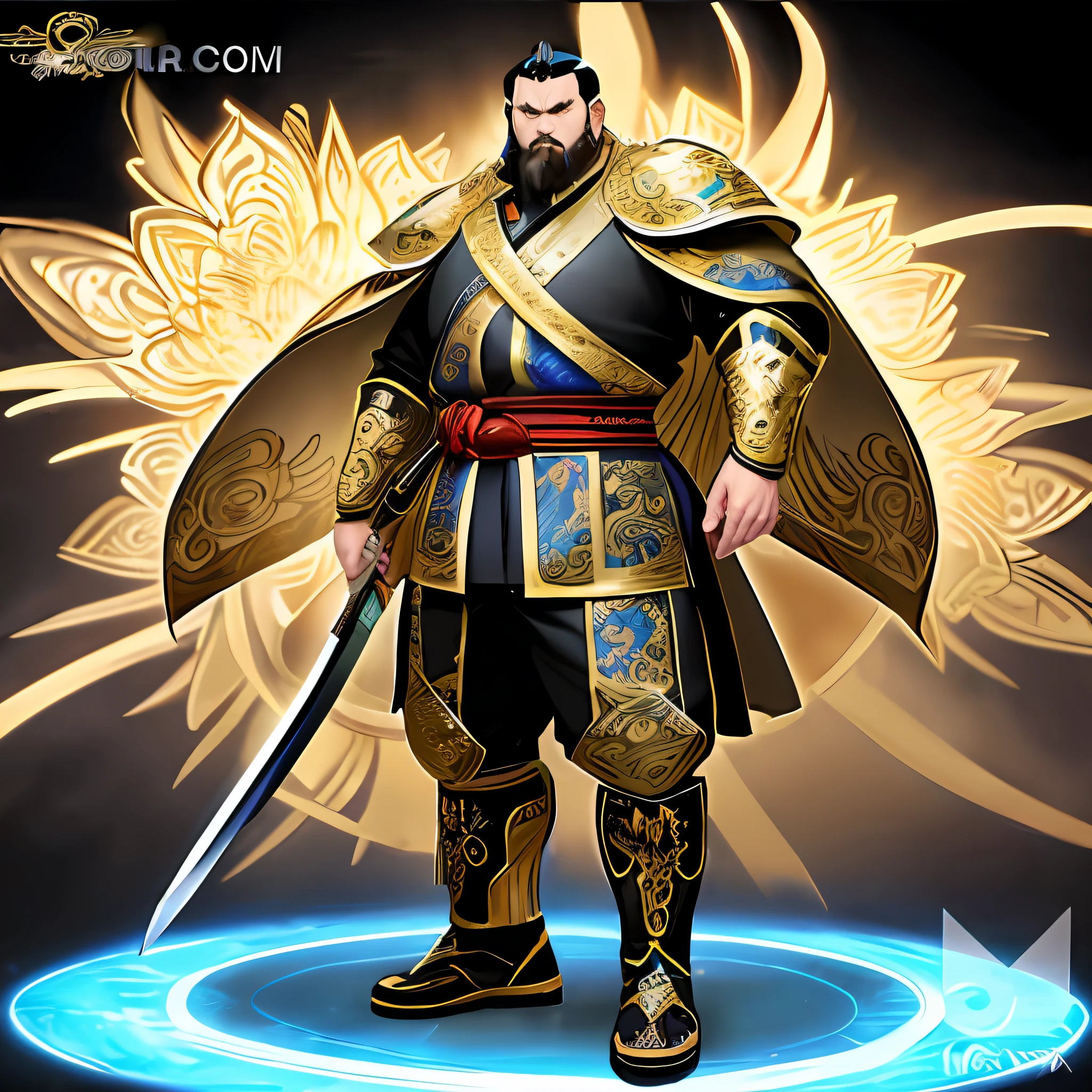 full body character,2D Anime,WLOP style,Mongolian big fat man,Mongolian costume,Simple dark background,Martial artist with Mongolian sword,Gold Flower Embroidery, Very big fat man,Flashy makeup, Mongolian hairstyles,Very strong,Cool, Insanely detailed,Dramatic Lighting,masutepiece,Smooth 8K,gopro,masutepiece,