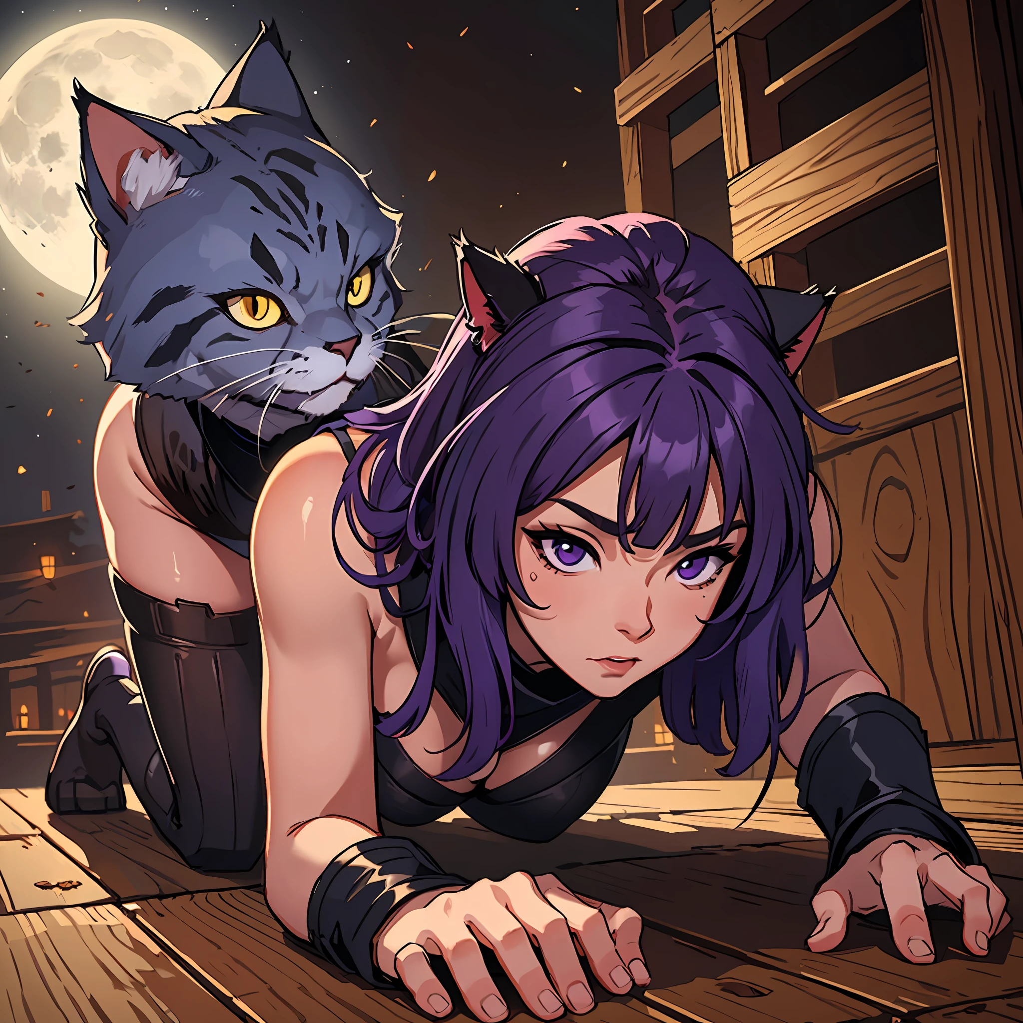 mature female, ninja, purple hair, dark skin, cat ears, small breasts, flat stomach, slim waist, large hips, thick thighs, on all fours, seductive face, dark wood background, moonlight, mesmerising full moon