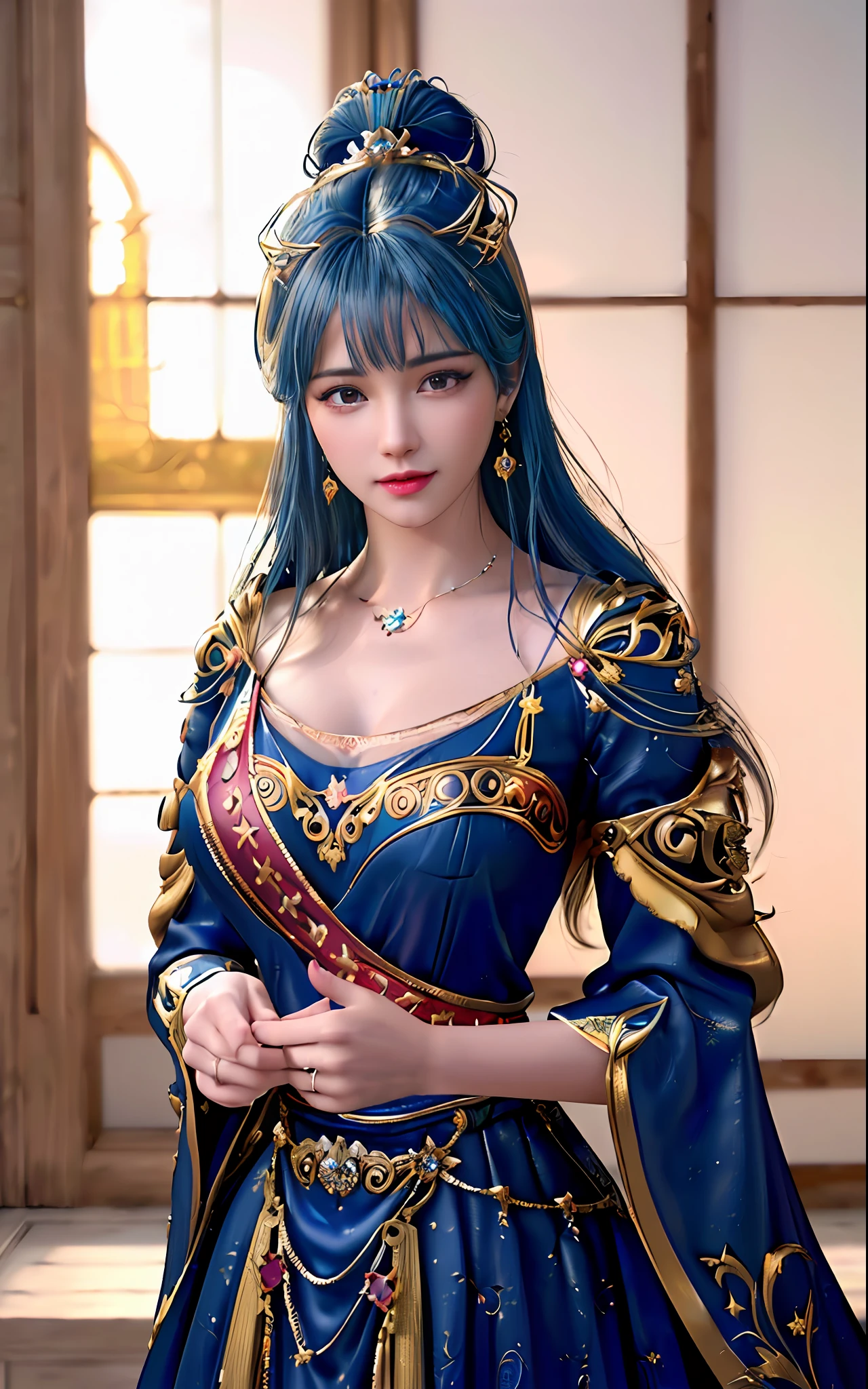 ((realisticity: 1.2)), ((best resolution: 8K UHD)), best quality,masterpiece,highres,cg,
((1 super detailed and super realistic girl)), ((very beautiful queen dazzling, super realistic, and super detailed)),((white skin, beautiful, smooth, youthful, super realistic and super detailed
)), long hair, ((super realistic and super detailed dress)), solo, ((super realistic, super beautiful, gorgeous and super detailed jewelry)), ((super beautiful, super realistic and super detailed dark red and golden yellow dress)),
((super beautiful, super realistic, super detailed diamond filled earrings)),
((super beautiful, super realistic and super detailed diamond filled hair ornament)), ((super beautiful upper body, super beautiful, super realistic and super detailed)), ((big breasts: 2.5)),
((super grand, super realistic and super detailed royal palace backgroun))
((super beautiful, super beautiful, super realistic and super detailed hair bun)), ((super beautiful, super realistic and super detailed blue hair)),
candid, Photograph, high resolution, 8k,Bokeh,