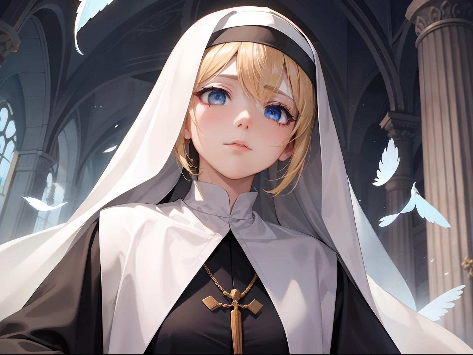 Feathered Nun Ascending to Heaven。Sad face。the eyes are blue。