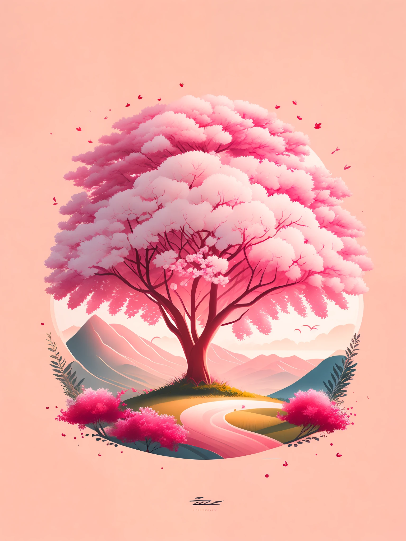a cherry tree in a summer landscape, design de camiseta, rzminjourney, arte vetorial