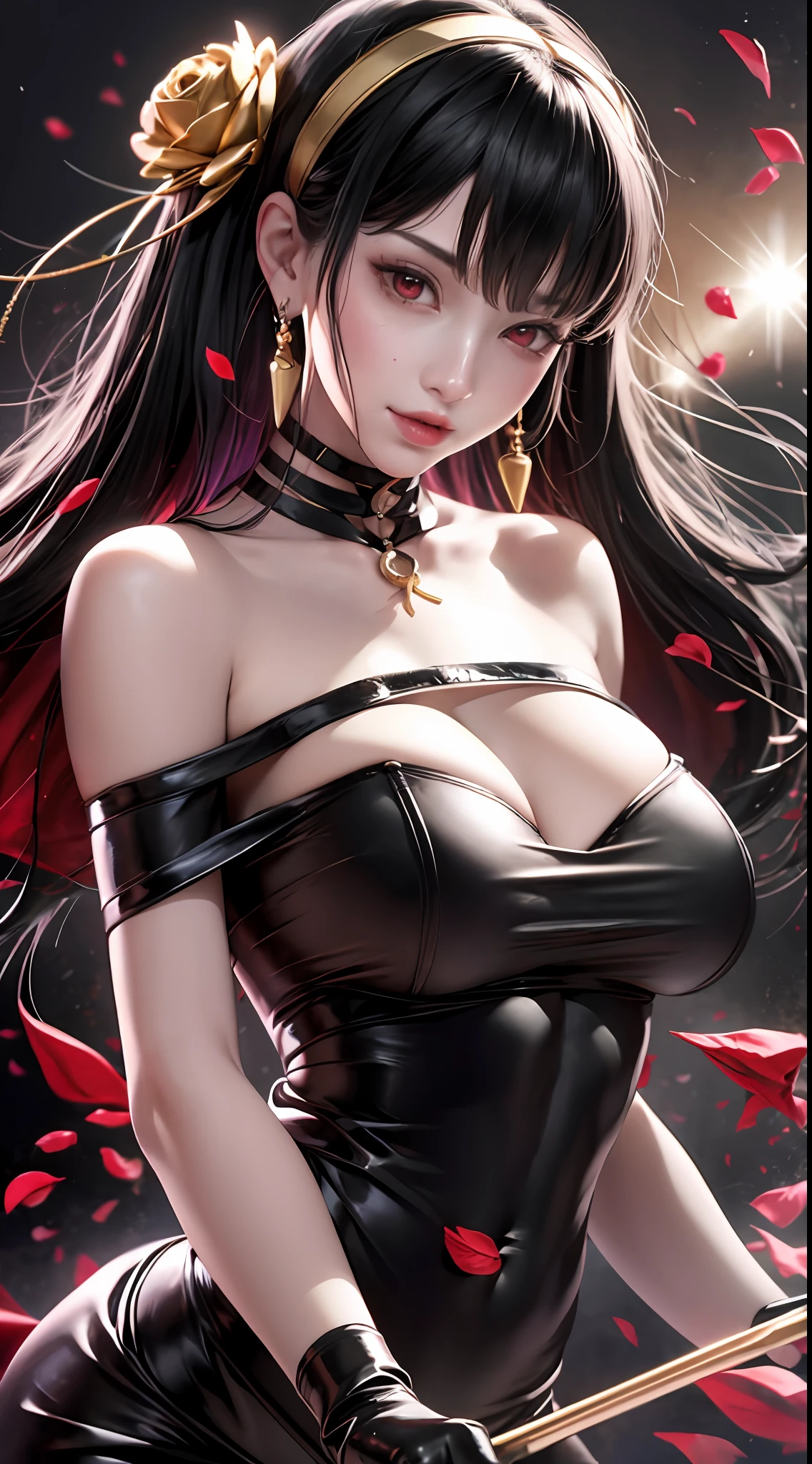 yor briar,
1girl, backlighting, bare shoulders, black background, black dress, black gloves, black hair, blood, blood on face, blood on weapon, breasts, closed mouth, cowboy shot, dress, earrings, expressionless, fingerless gloves, floating hair, floral print, flower, gloves, gold earrings, gold hairband, hair flower, hair ornament, hairband, holding, holding weapon, jewelry, large breasts, light particles, long hair, looking at viewer, off-shoulder dress, off shoulder, petals, red eyes, rose, rose petals, rose print, short hair with long locks, sidelocks, solo, spikes, thighs, two-sided dress, two-sided fabric, weapon
, ((masterpiece))