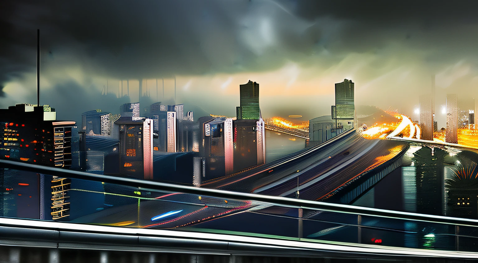 Realisticstyle，dark cloude，Night city
