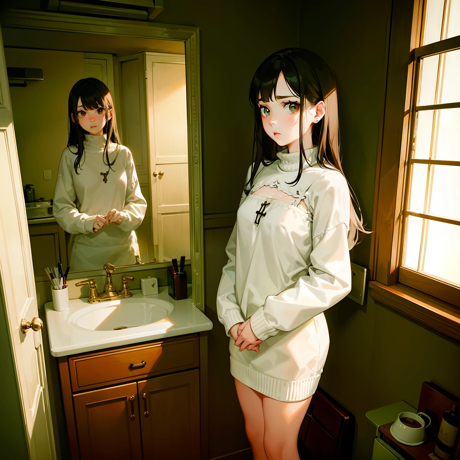 Girl, sad, standing, pale skin, brown eyes, eyebrow, nose, ear, mouth, lips, neck, shoulders, arms, Women's Sweater Microfiber and Lace Transparent Cross Strap, big chest, background scenery, in the kitchen, window, refrigerator, sink, table, floor, chairs, stove, looking at viewer