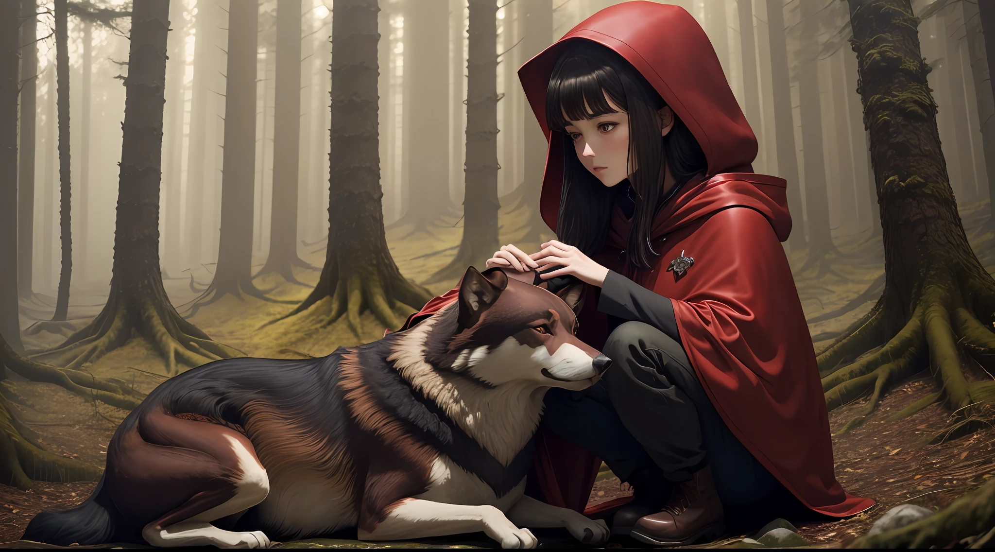 A dark-haired girl in a red cloak holds a brown wolf，at a forest, 8K,hyper HD，full bodyesbian，Stand far away，Stay away from the lens