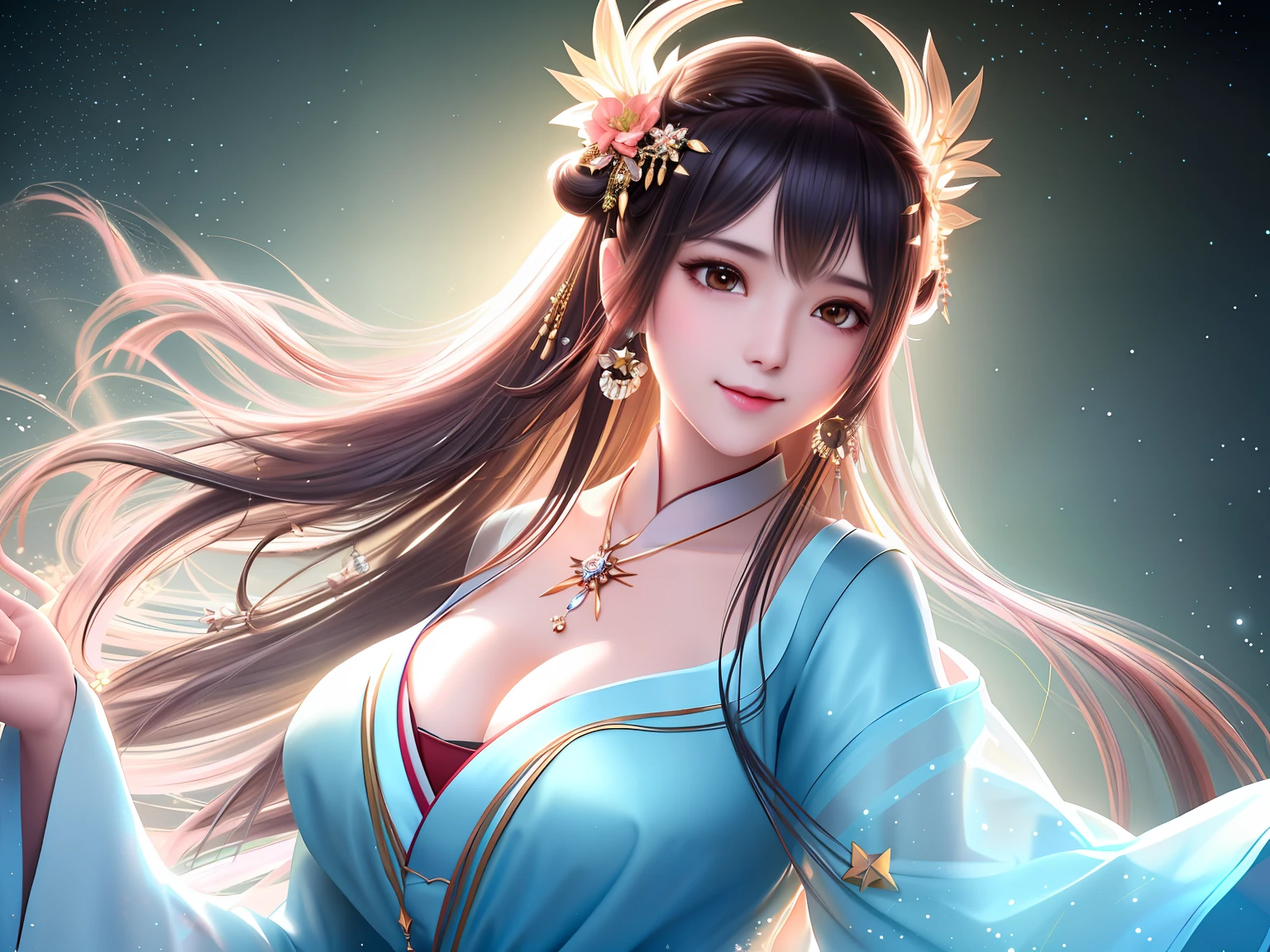 best quality, masterpiece, highres, 1girl,blush,(seductive smile:0.8),star-shaped pupils,china hanfu,hair ornament,necklace, jewelry,Beautiful face,upon_body, tyndall effect,photorealistic, dark studio, rim lighting, two tone lighting,(high detailed skin:1.2), 8k uhd, dslr, soft lighting, high quality, volumetric lighting, candid, Photograph, high resolution, 4k, 8k, Bokeh