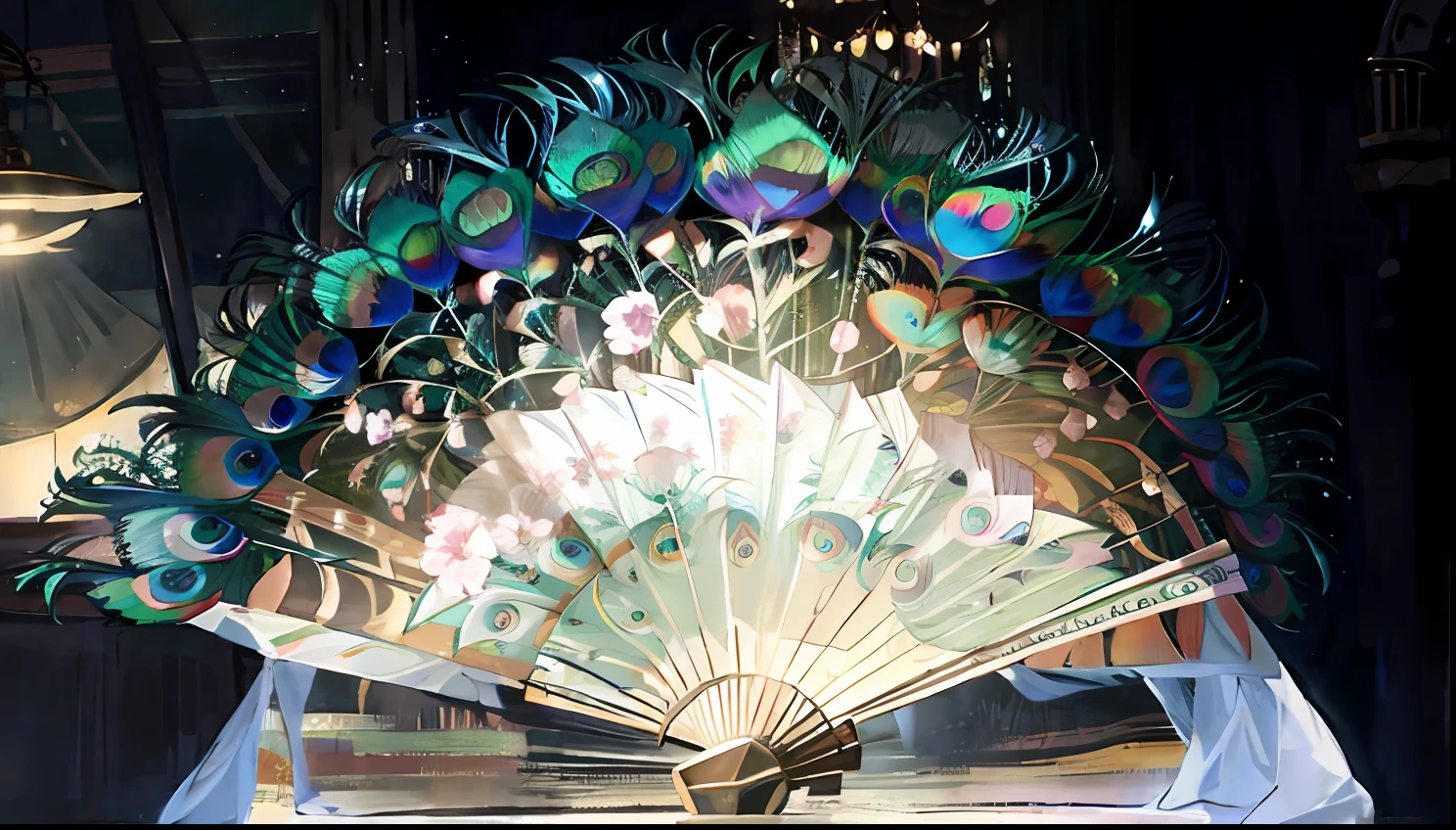 Peacock feathers,folding fan,Movie lighting,exquisitedetails