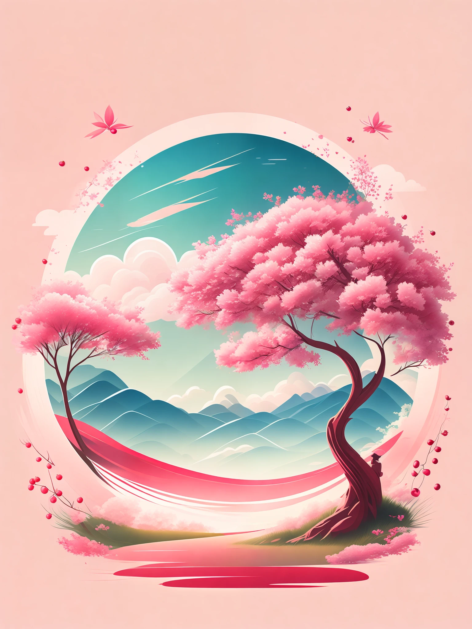 a cherry tree in a summer landscape, design de camiseta, rzminjourney, arte vetorial