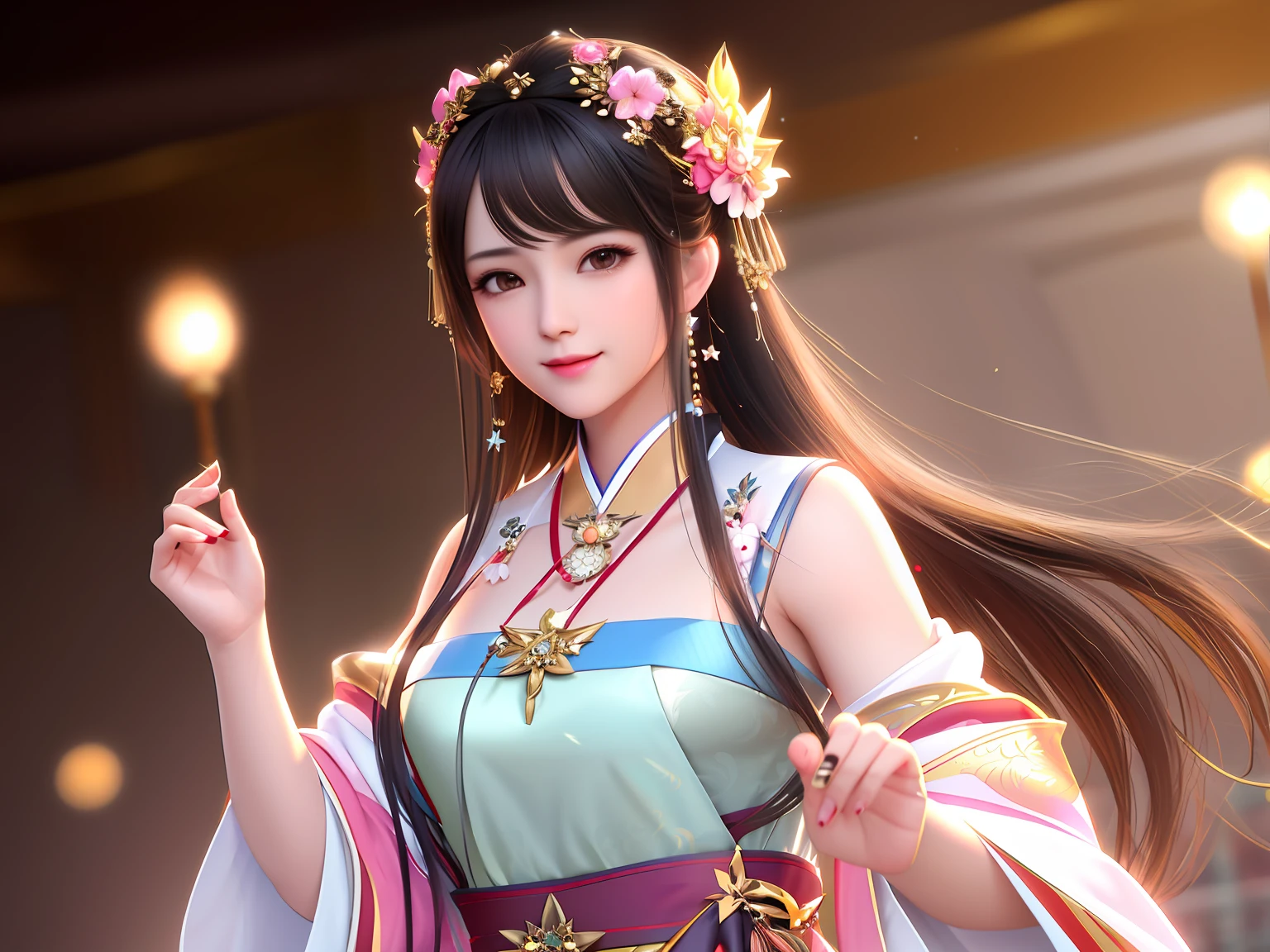 best quality, masterpiece, highres, 1girl,blush,(seductive smile:0.8),star-shaped pupils,china hanfu,hair ornament,necklace, jewelry,Beautiful face,upon_body, tyndall effect,photorealistic, dark studio, rim lighting, two tone lighting,(high detailed skin:1.2), 8k uhd, dslr, soft lighting, high quality, volumetric lighting, candid, Photograph, high resolution, 4k, 8k, Bokeh
