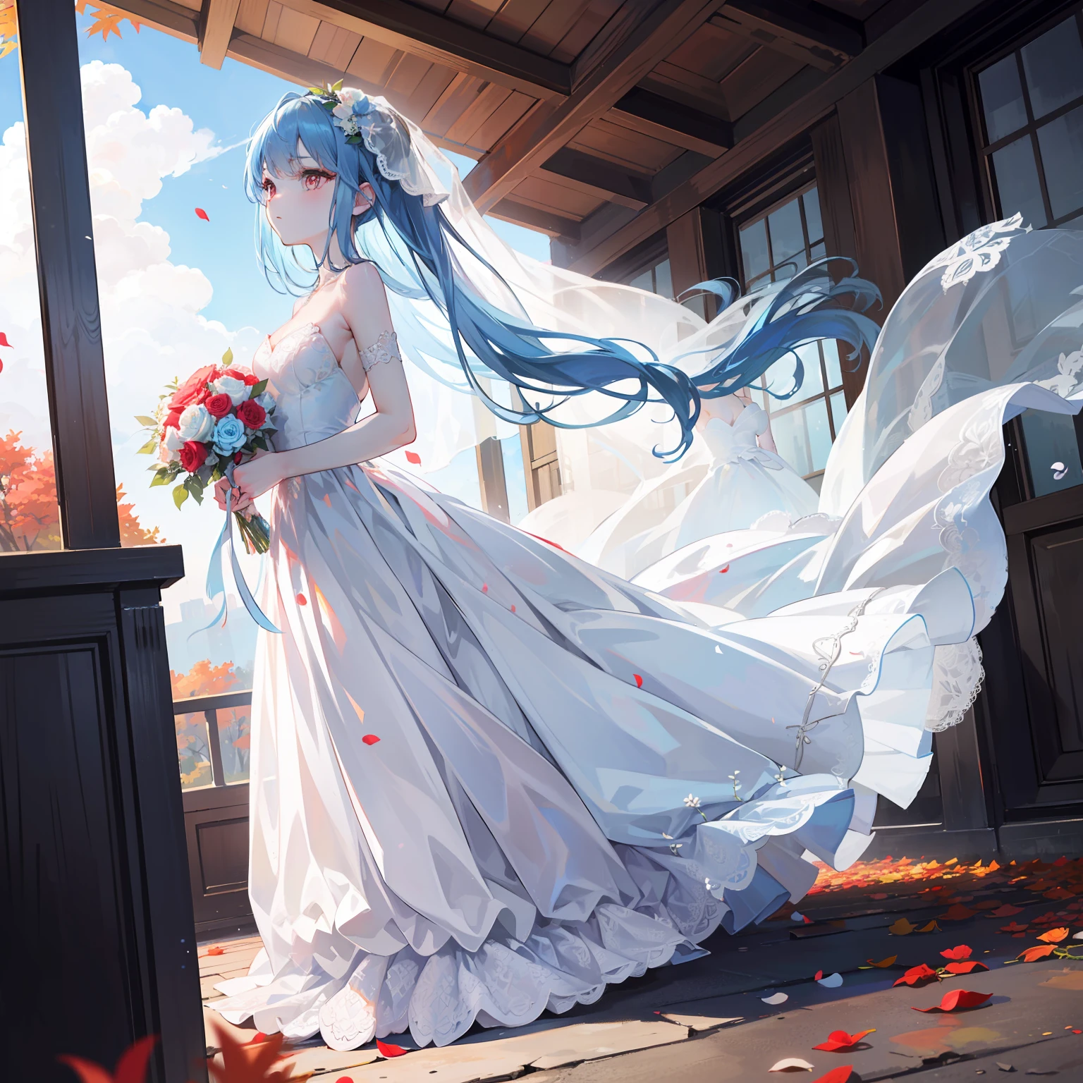 artistic photograph, Real light and shadow on a sunny day,autumnal,On the road,((Wedding Dress)),1 beautiful girl,The upper part of the body,Lateral face,(((Long light blue hair))),Red eyes,(long hair),(Red petal),windy