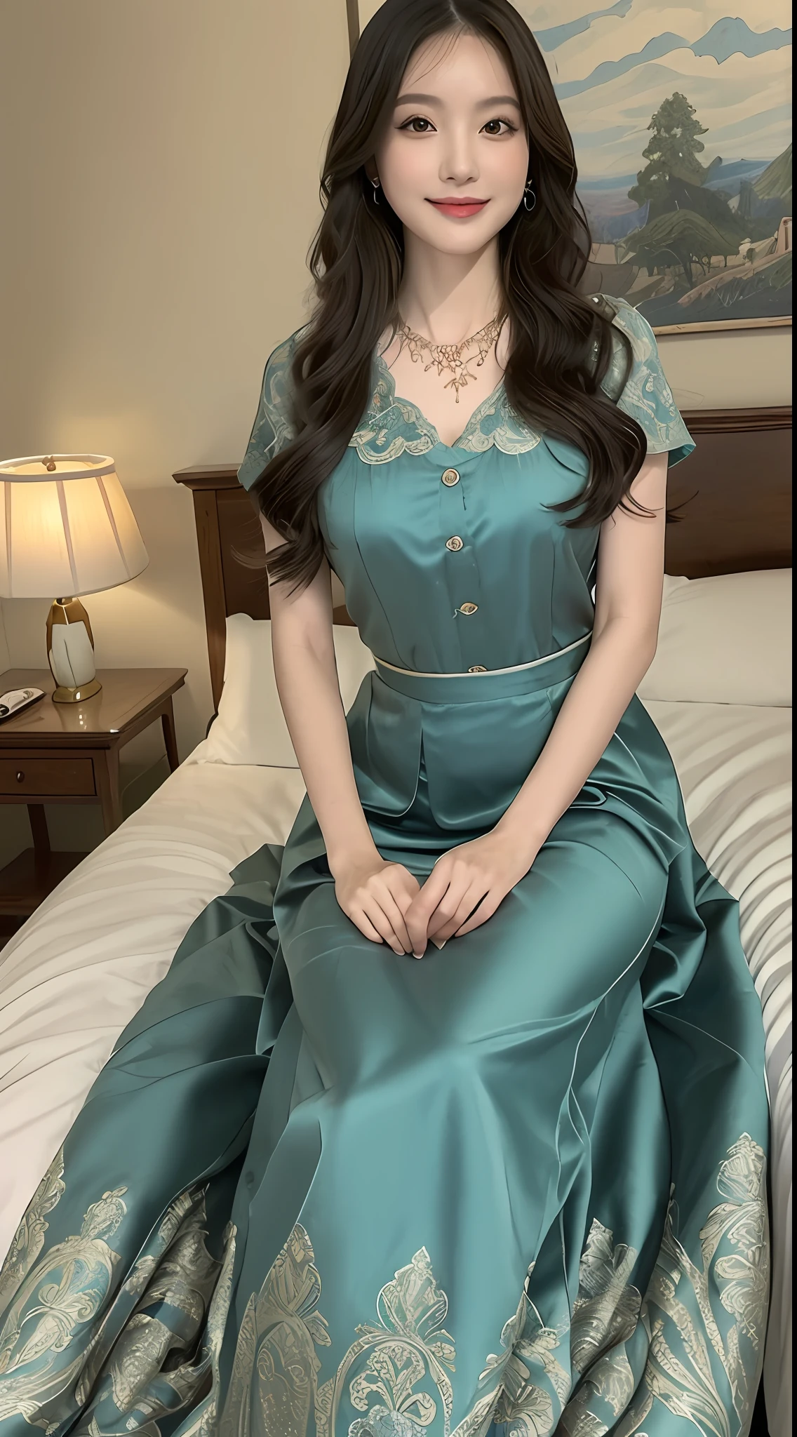 ((top-quality、8K、masterpiece:1.3))、((1womanl))、((japanese mature))、((slim figure))、((Luxurious and detailed hotel rooms))、((Luxurious and detailed beds))、((Lying in bed))、((beautifully detailed hair))、((Beautiful and ultra-detailed face))、((kindly smile))、((Detailed blouse))、((Detailed necklace))、((Detailed long skirt))、((Flip up the hem of your long skirt to show your thighs))、((Beautiful and detailed thighs))、((Beautiful and detailed legs))