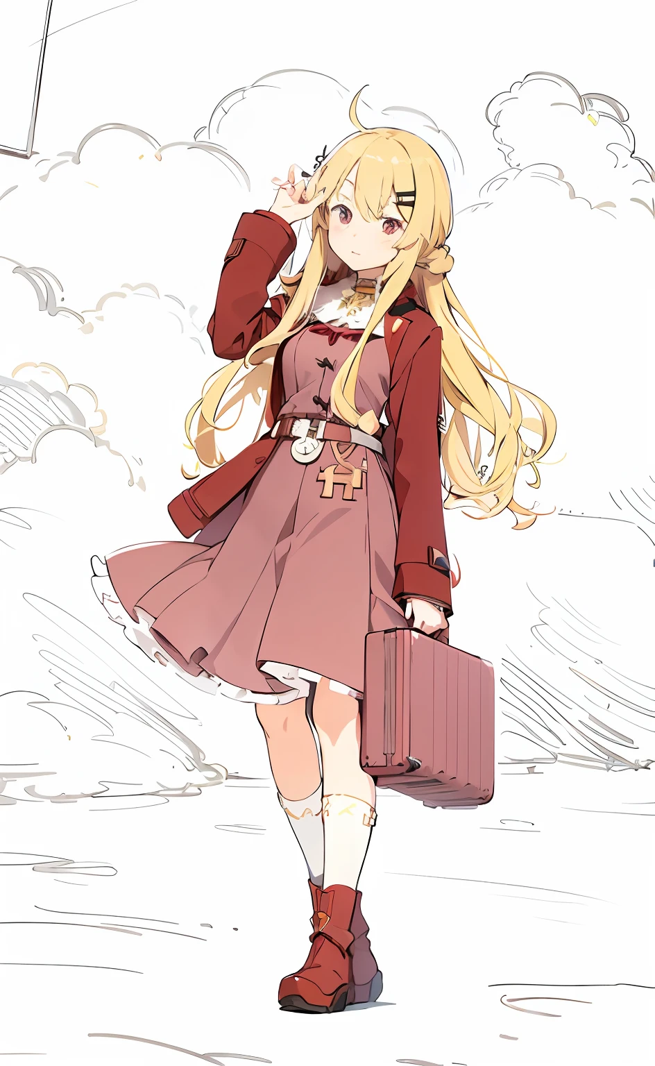 Tita Russell,Extra-long sideburns,A thousand passes,Anime girl with long blonde hair and burgundy coat holding a suitcase, A large suitcase，With a belt in his hand,made with anime painter studio,Tita Russell,Kushatt Krenz Key Art Women, Beautiful Anime High School Girls,Splash art anime Loli,Smooth anime CG art, Kantai collection style, Detailed key anime art, visual novel key visual,inspired by Kamisaka Sekka