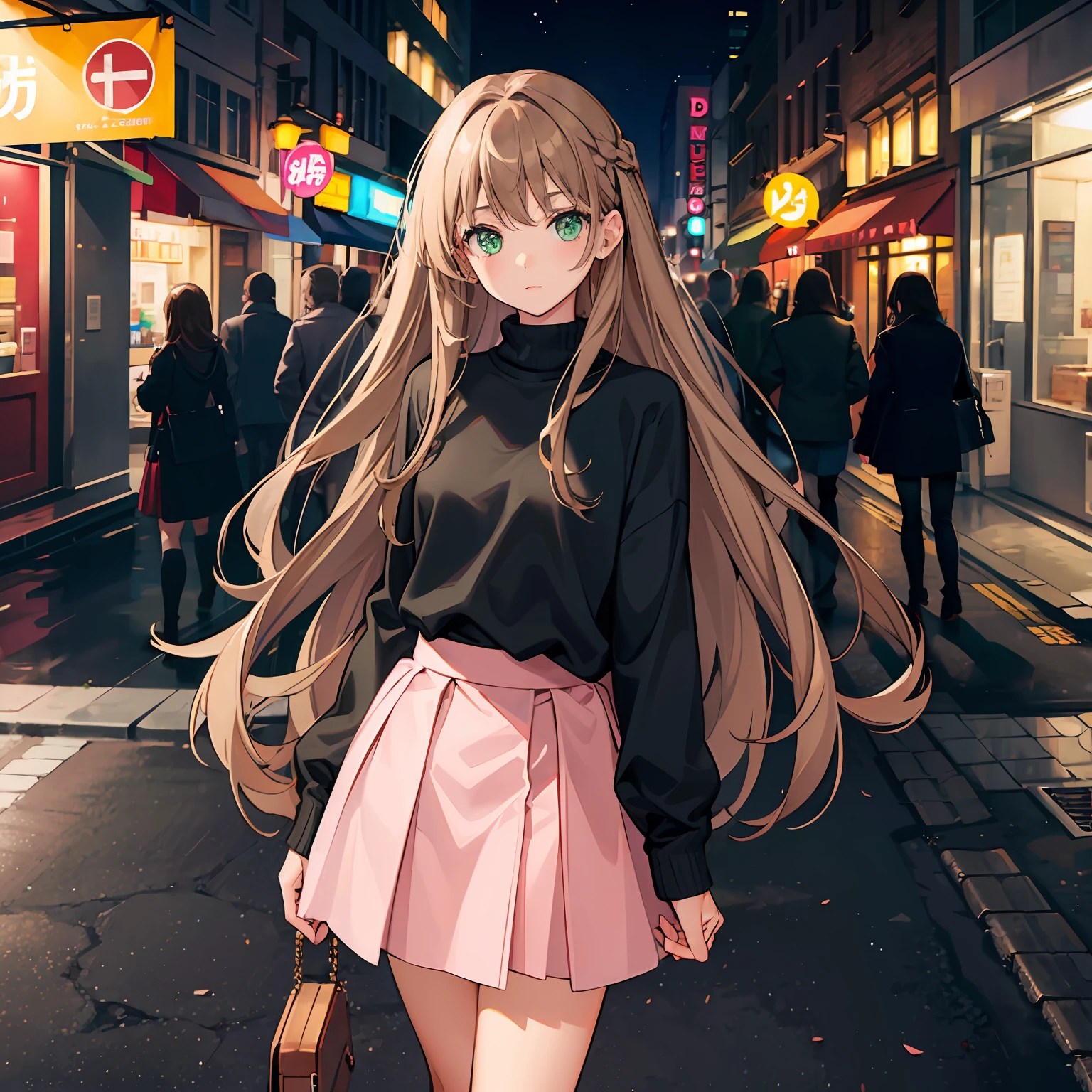 1girl, long light brown hair, green eyes, wearing black sweater, pink skirt, city, highres, ultra sharp, 8k, looking at viewer