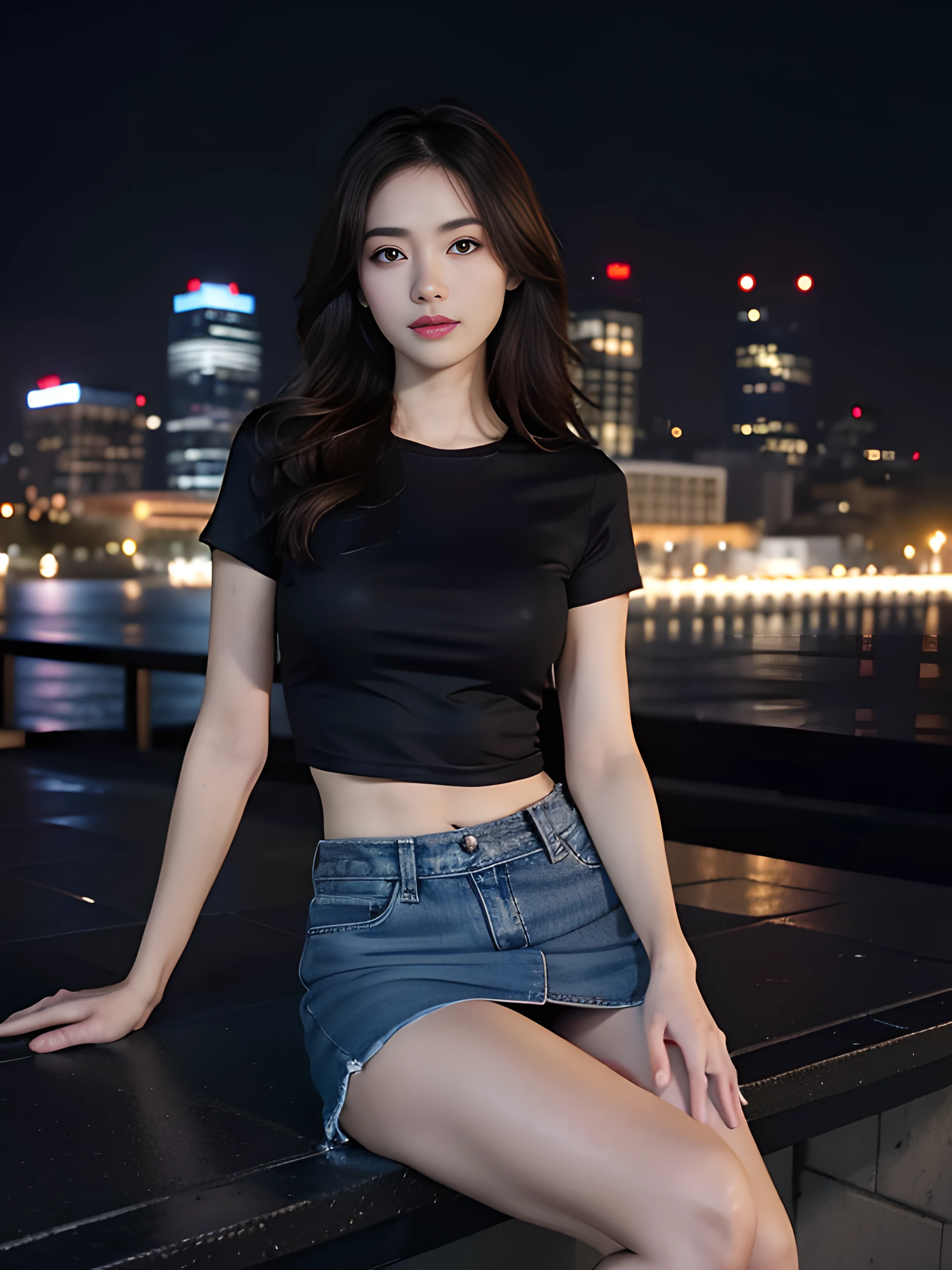 ((midynight, Acura, 8K, tmasterpiece: 1.3)), full bodyesbian, long leges, Focalors: 1.2, perfect figure beautiful woman: 1.4, Slim abs: 1.1, (dark brown hair,: 1.2 )), (blue tight t-shirt, short skirt,sitting on a stool: 1.2), (city night scene, the roof: 1.3)), Highly Detailed Face and Skin Textur, detailedeyes, 二重まぶた,