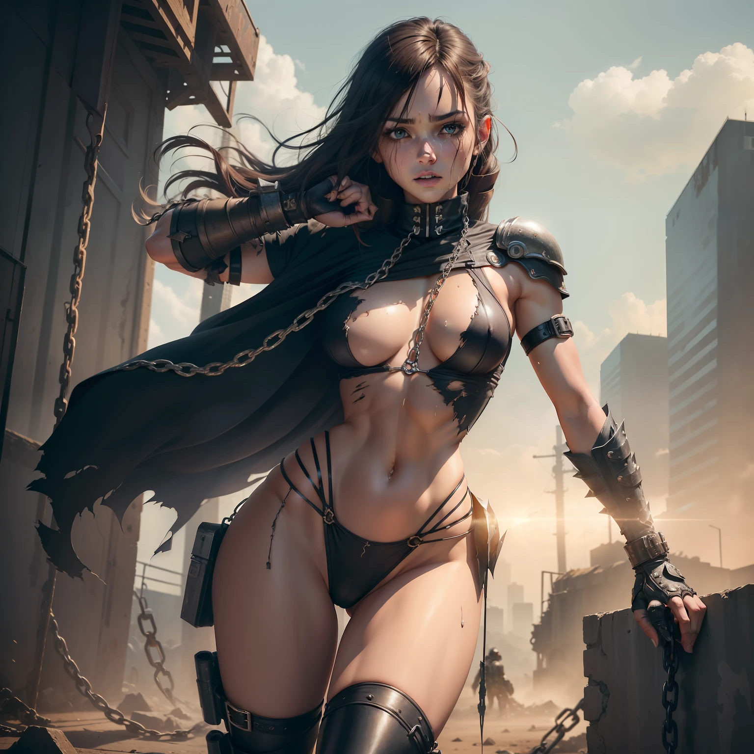 - [ ] (((A metal drill bit，The tip is sharp，Extends from the ground up to the crotch)))、((Face of fear))、(Tears flow, crying with pain),Photo,Sharpness,Unique 850 4, Koda850 k portrait camera, F1.6 shots,Ultra-realistic textures,Spectacular light textures, Cinestil 800 Fashion Mechanics,allure,Beautiful girl with accentuated slender abs: 1.4,sixpack abs: 1.4, Bust Botox,standing on tiptoes, Long legs,Brown hair flutters in the wind,Brown hair, Long hair, Female warrior costume、((Wearing a torn sheer costume of a superheroine)),(No panties, No bra),full of sweat,Wet,Wet crotch,Wet thighs,(futuristic sci-fi battle fashion,elbow and knee cyberpad, cyberglove: 1.1),((Torn costume)),belly out，Navel is visible,thin sheer costume,The lower chest area is torn、shredded costumes,Web long combat boots with gold knee pads,anatomically,(futuristic sci-fi battle fashion, cracked elbow and knee cyberpads, torn cyberlong boots, ripped cyber gloves: 1.1),vast prison、((wide prison with sunlight)), peeling of the ceiling, broken slabs, Rebar between cracks, Realistic material details, extreme hight detail, Ultra-realistic materials, shattered wall,bloods、junkyard, Blood splattered on the face, Blood splattered, Realistic, (Bruises, Dirty, ripped clothing, skimpy clothing, Blood: 1.3), Torn Cape, Torn pantyhose, Restraint, ((Across the iron rod)),(Perfectly tied with chains), Restraint, slaves, collars, contempt, (Chained), chains digging into crotch, Hands tied behind the back, Invisible hands, ((4 chains hung from heaven)), Metallic shackles and fetters, Wet crotch is clearly visible,((both wrists are restrained above the head)), ((The left leg tied to the knee hangs in the air)),two hand、The legs and neck are connected by five chains、Chain from left knee to heaven、Chained by rusty iron chains、The left leg is stretched straight upwards，Do not bend your knees,((chains over clothes)) ,broken golden shields and battle spears, golden shoulder armor and combat gloves, ((nipple tips protruding, areola is protru