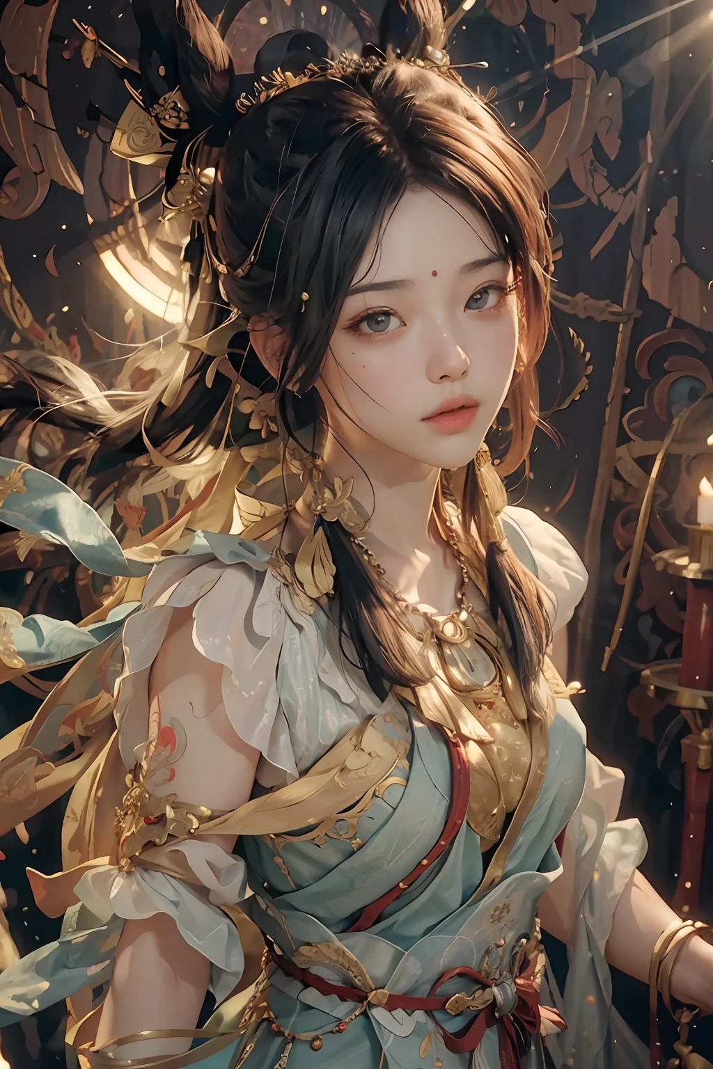 (RAW photo, best quality), (realistic, photo-realistic:1.3), best quality, highly detailed, masterpiece, ultra-detailed, illustration, 1boy, upper_body, dynamic angle, world mastery theater,best quality, extremely detailed CG unity 8k壁纸,ink,astounding,电影灯光,lens_flare,dunhuang_style