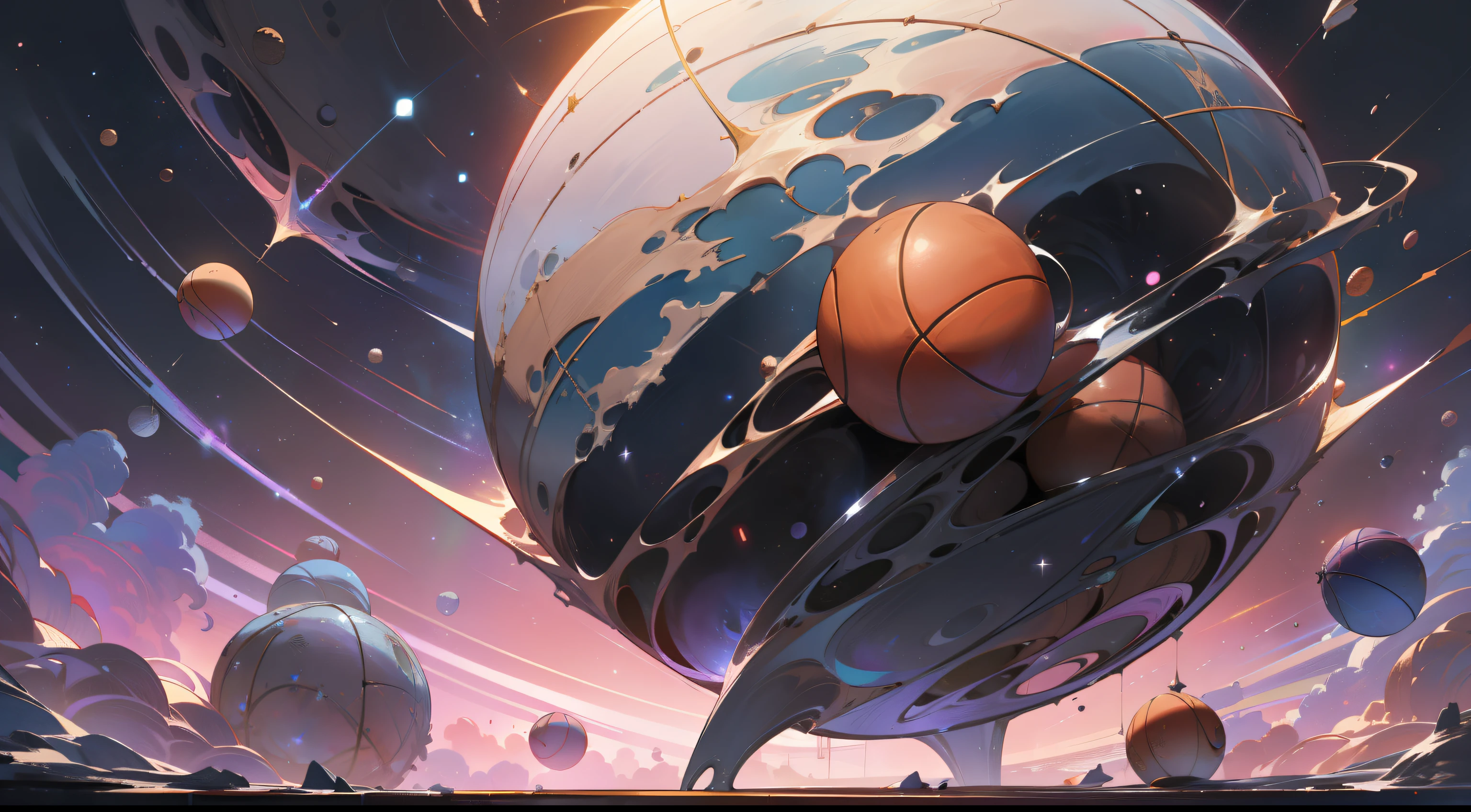 outer space full with nebulas, supernovas, planets, asteroids, falling stars, and (comets) in the ((shape of basketballs)), high quality, cinematic quality, high definition, high resolution, very detailed, Pixar cartoon style