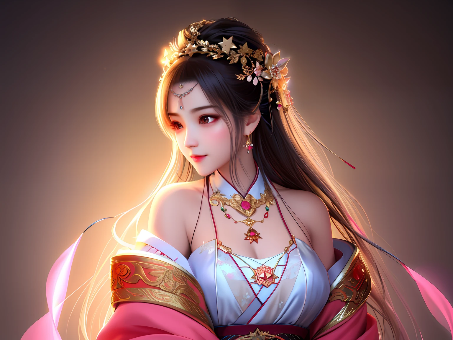 best quality, masterpiece, highres, 1girl,blush,(seductive smile:0.8),star-shaped pupils,china hanfu,hair ornament,necklace, jewelry,Beautiful face,upon_body, tyndall effect,photorealistic, dark studio, rim lighting, two tone lighting,(high detailed skin:1.2), 8k uhd, dslr, soft lighting, high quality, volumetric lighting, candid, Photograph, high resolution, 4k, 8k, Bokeh