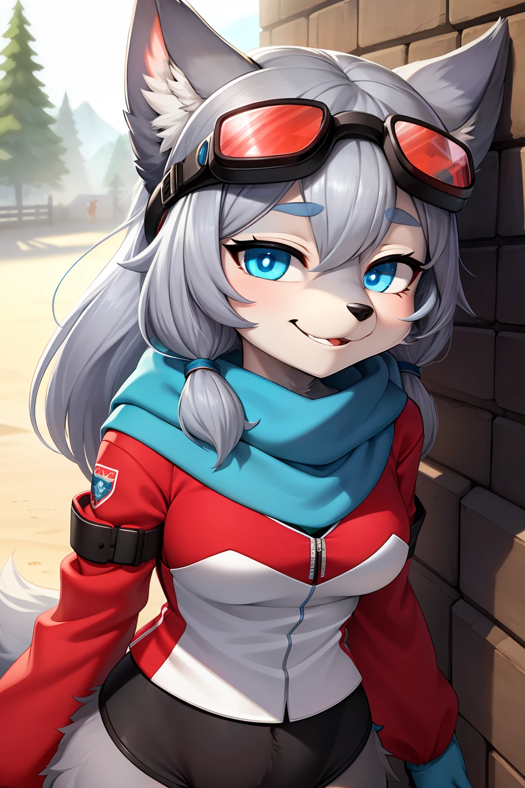 hairy pubic，furry，Gray hair，female，coyote，Wolf animals，Red and blue eyes，Blue hair，Wear windproof goggles，With a blue scarf，looking at viewert，adolable，Pure，（hairy pubic：1.3），focus onface，cheerfulness，closing her eyes，Beautiful light and shadow