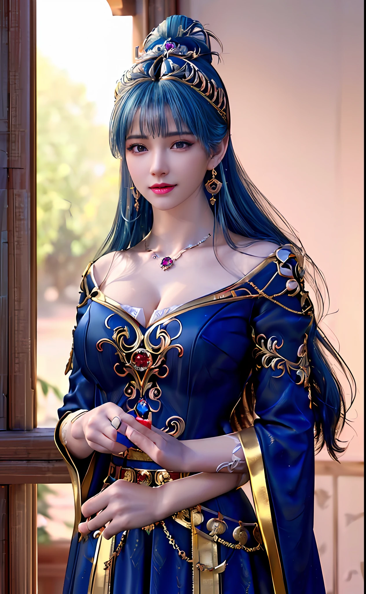 ((realisticity: 1.2)), ((best resolution: 8K UHD)), best quality,masterpiece,highres,cg,
((1 super detailed and super realistic girl)), ((very beautiful queen dazzling, super realistic, and super detailed)),((white skin, beautiful, smooth, youthful, super realistic and super detailed
)), long hair, ((super realistic and super detailed dress)), solo, ((super realistic, super beautiful, gorgeous and super detailed jewelry)), ((super beautiful, super realistic and super detailed dark red and golden yellow dress)),
((super beautiful, super realistic, super detailed diamond filled earrings)),
((super beautiful, super realistic and super detailed diamond filled hair ornament)), ((super beautiful upper body, super beautiful, super realistic and super detailed)), ((big breasts: 2.5)),
((super grand, super realistic and super detailed royal palace backgroun))
((super beautiful, super beautiful, super realistic and super detailed hair bun)), ((super beautiful, super realistic and super detailed blue hair)),
candid, Photograph, high resolution, 8k,Bokeh,