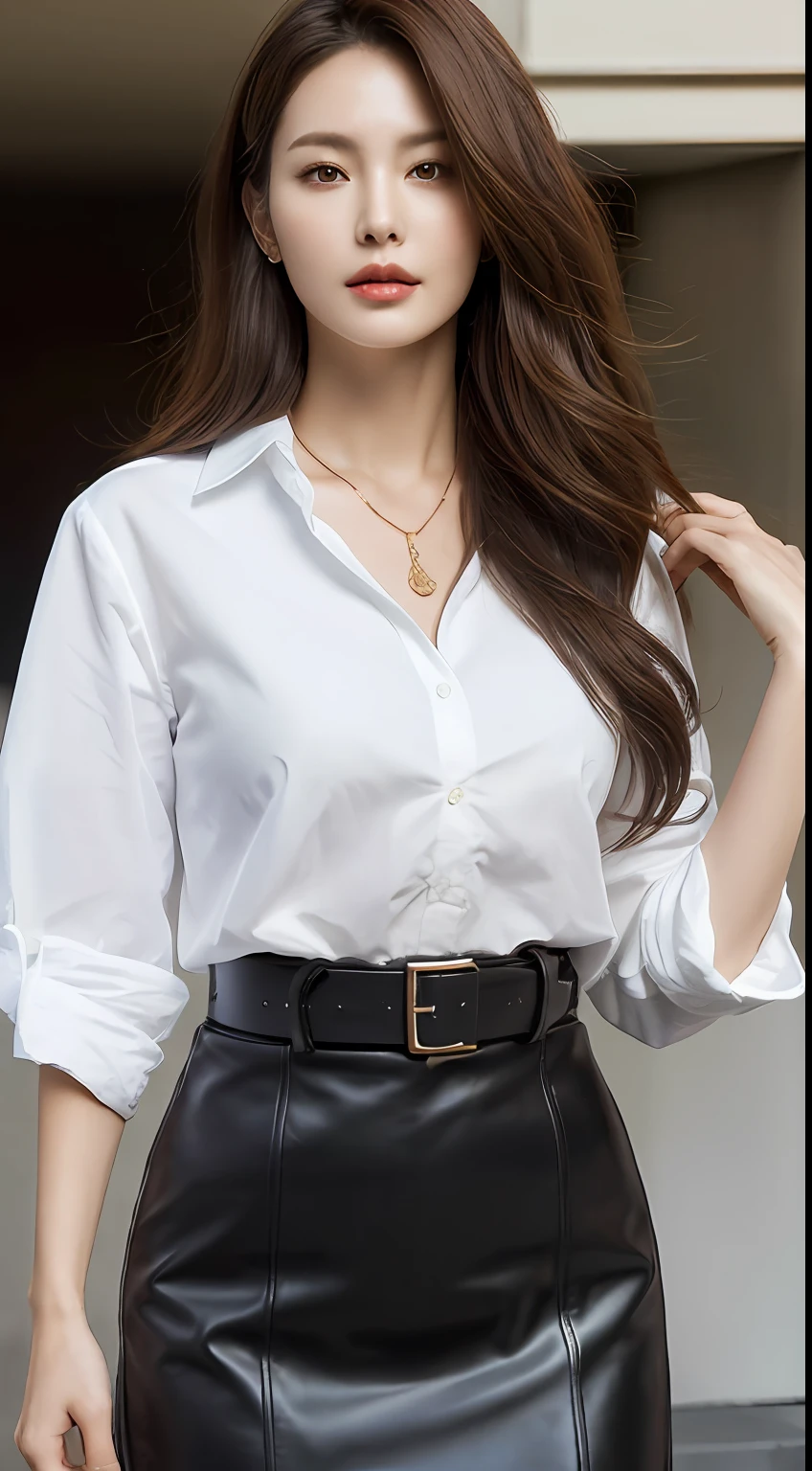 (Best quality, High resolution, Masterpiece :1.3), A tall and pretty woman, Slender abs, Dark brown hair styled in loose waves, Breasts, Wearing pendant, White button up shirt, Belt, Black skirt, (Modern architecture in background), Details exquisitely rendered in the face and skin texture, Detailed eyes, Double eyelid