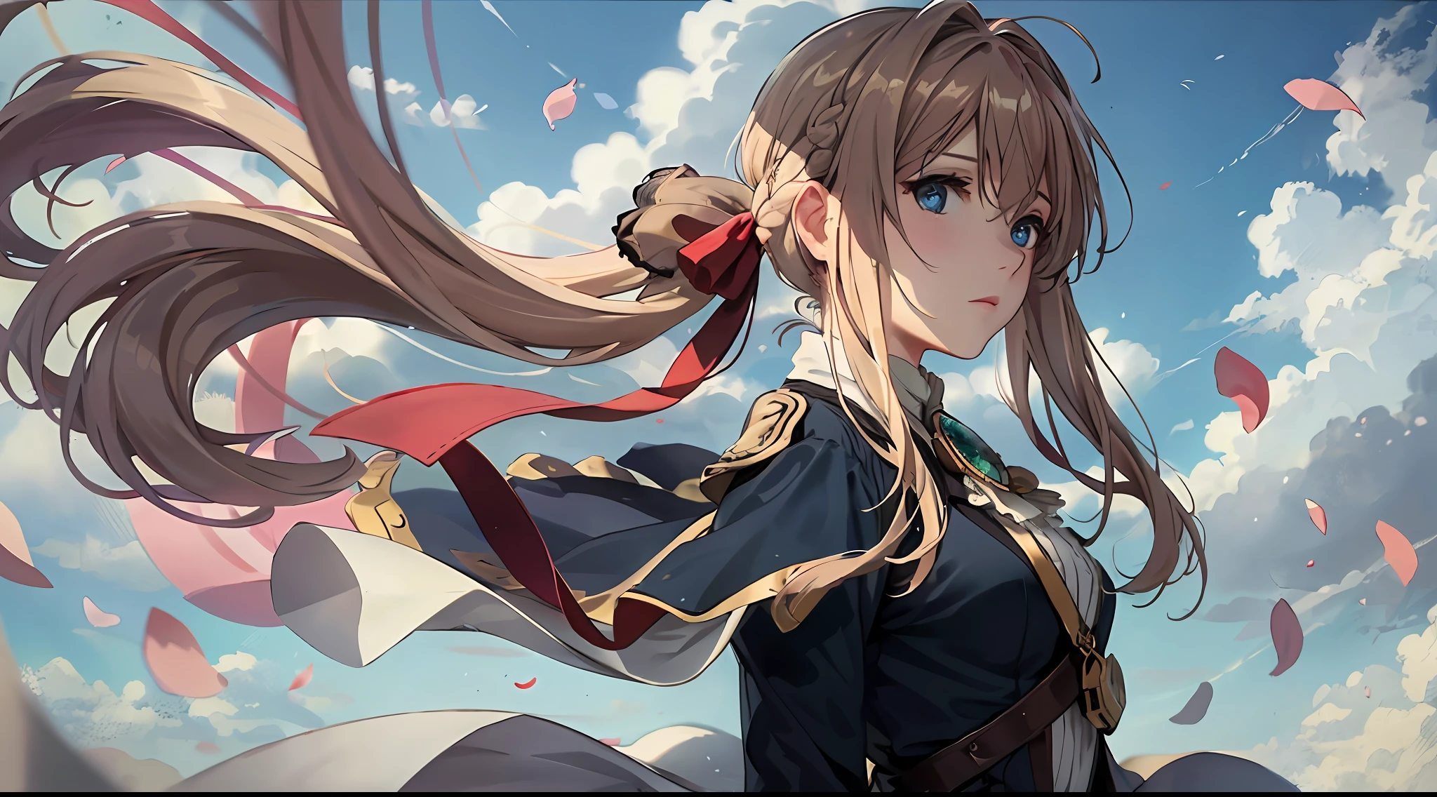 (dynamic angle:1.3),windy,cinematic highlight,tyndalleffect,1girl,upper body,raised arm,looking at viewer, , extreme close up,violet_evergarden, solo, jewelry, expressionless,brooch, blonde_hair,( vevry long hair:1.2),messy_hair,floating hairlong_sleeves, ribbon, blue_eyes, jacket, dress, gem, hair_ribbon,sky, depth_of_field, flower field, flying petal,Motion blur,from side,
masterpiece,
