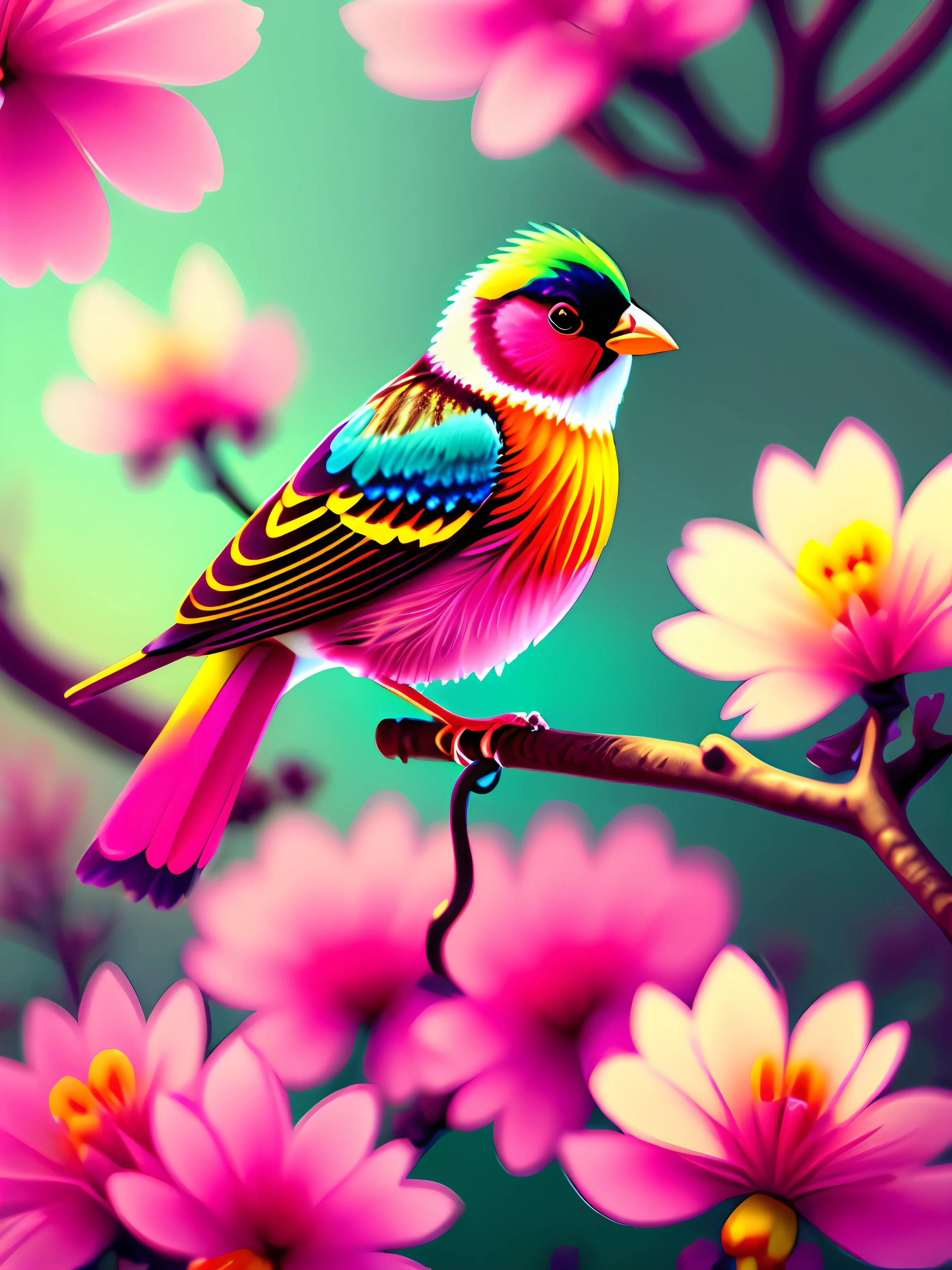 a bird sitting on a branch with pink flowers, cgi art, red-yellow colors, hyperrealistic sparrows, pinterest, photorealistic artstyle, in rich color, an ai generated image, very detailed portrait, singing for you, breathtaking render
