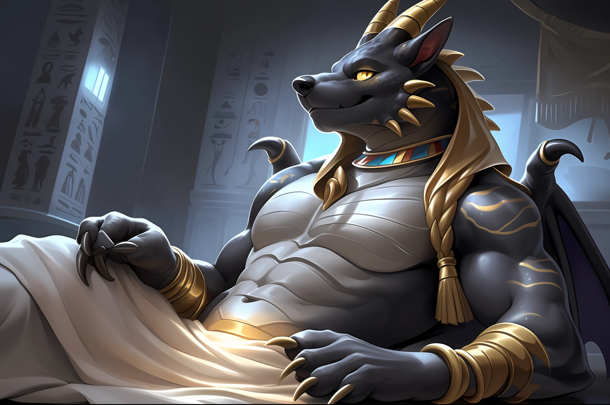 Solo, Male, (Muscular), sacrifices, (male anthro wolf):1.3, Pure black body, (Kamimei):1.3, (komono:1.4) (DOA):1.23, (,Wear a white bathrobe), Detailed eyes, lizard tail,A pair of dragon horns, A pair of dragon wings,((half-body portrait)), (Detailed eyes, Yellow eyes are always red, Black skin,Yellow stripes,Sharp claws,Cute beast claws,drools,Fluid spills from the lower body,Milk spilled all over the floor,Egyptian costumes,Egyptian totem,Abinus,glowing light eyes):1.1, (inside in room:1.35), In the bedroom,Lie down in bed,dimly lit, Be red in the face,Collar,submit to,drunk,enjoying,looking to the camera,having fun(Particle,glowworm,blue glowing):1.3,detailedbackground,realisticlying,realistic hand,8k hdr,(Wide dynamic range,hdr,high light:1.2),author(pino daeni,(author:by ruaidri),author:virtyalfobo)