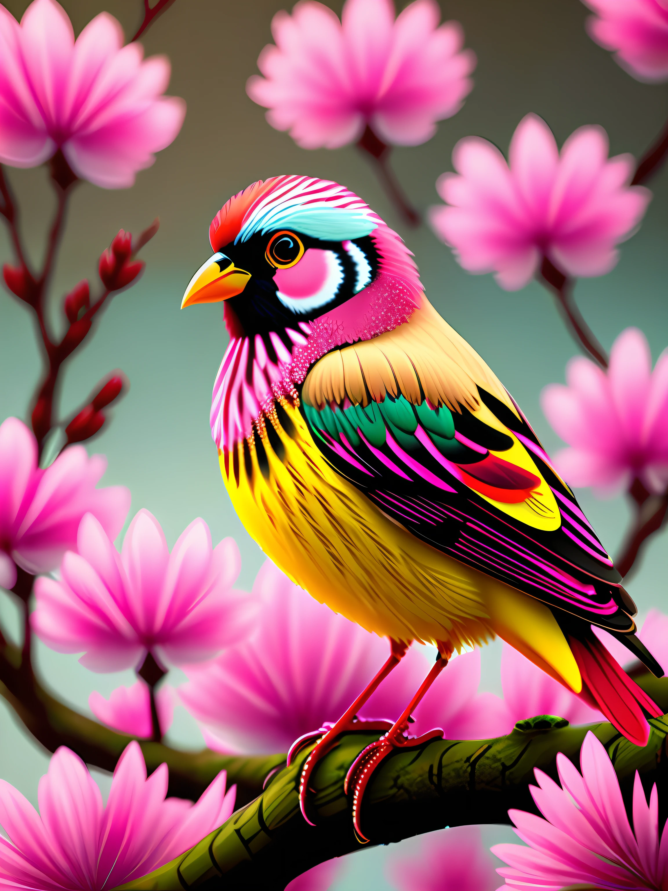 a bird sitting on a branch with pink flowers, cgi art, red-yellow colors, hyperrealistic sparrows, pinterest, photorealistic artstyle, in rich color, an ai generated image, very detailed portrait, singing for you, breathtaking render