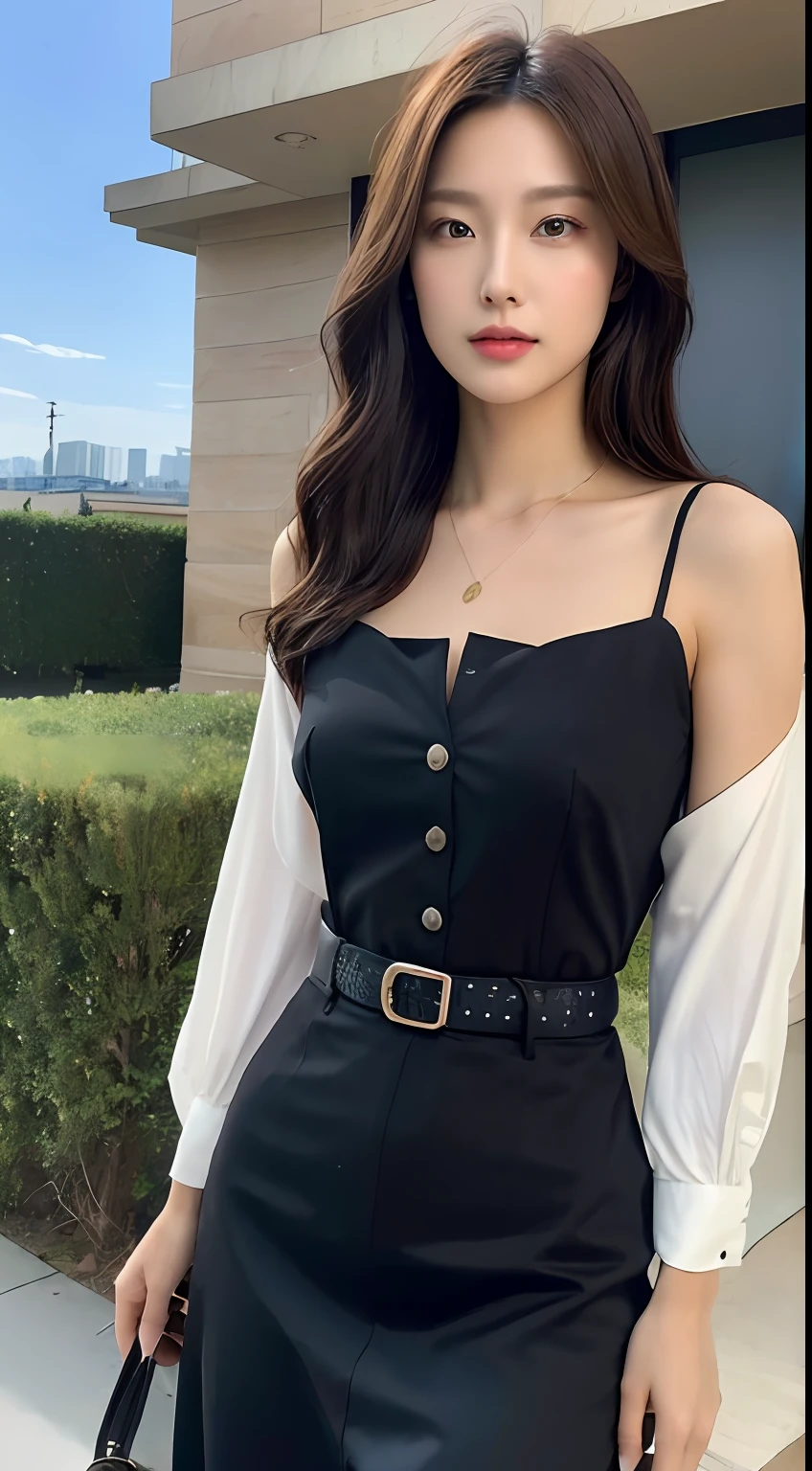 (best qualtiy,A high resolution,tmasterpiece:1.3),Two tall and beautiful women,Slender abs,Dark brown hair in loose wavy styling,nedium breasts,Wear a pendant,white button-down blouse,obi strip,a black skirt,(Modern architecture in background),Beautifully rendered details in face and skin textures,Detailed eyes,二重まぶた