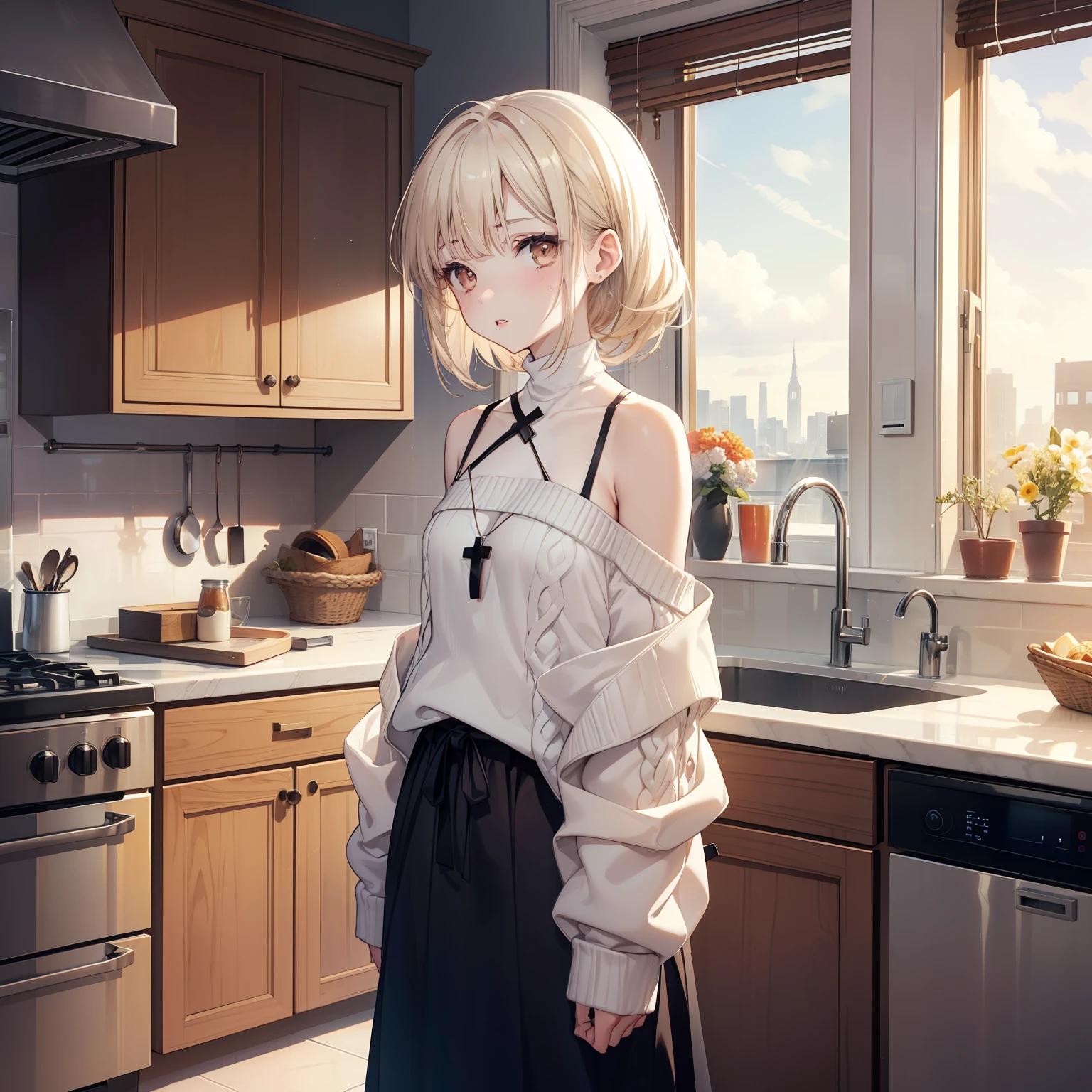 Girl, sad, standing, pale skin, brown eyes, eyebrow, nose, ear, mouth, lips, neck, shoulders, arms, Women's Sweater Microfiber and Lace Transparent Cross Strap, big chest, background scenery, in the kitchen, window, refrigerator, sink, table, floor, chairs, stove, looking at viewer