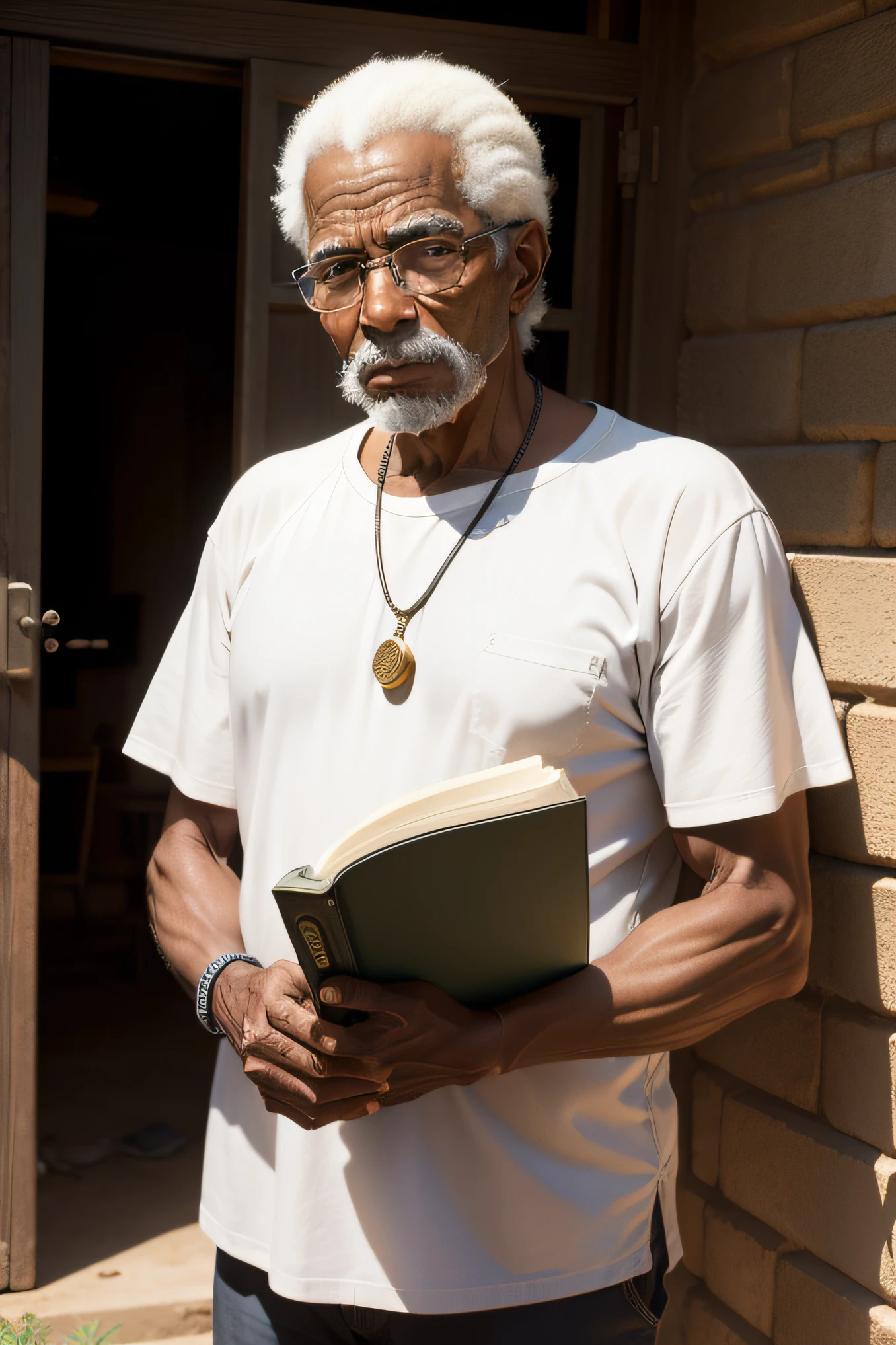 homem negro, 60 anos, with the Bible in His hand, "sentado em uma varanda", rural setting, olhando para frente