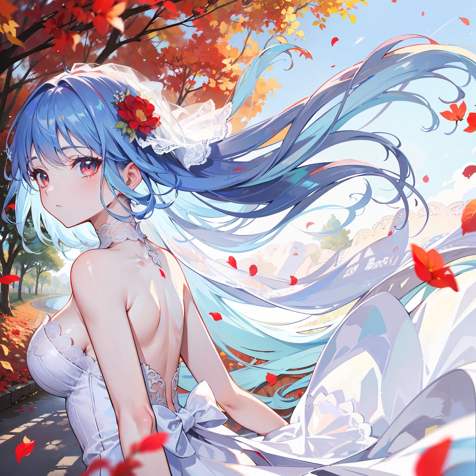 artistic photograph, Real light and shadow on a sunny day,autumnal,On the road,((Wedding Dress)),1 beautiful girl,The upper part of the body,Lateral face,(((Long light blue hair))),Red eyes,(long hair),(Red petal),windy