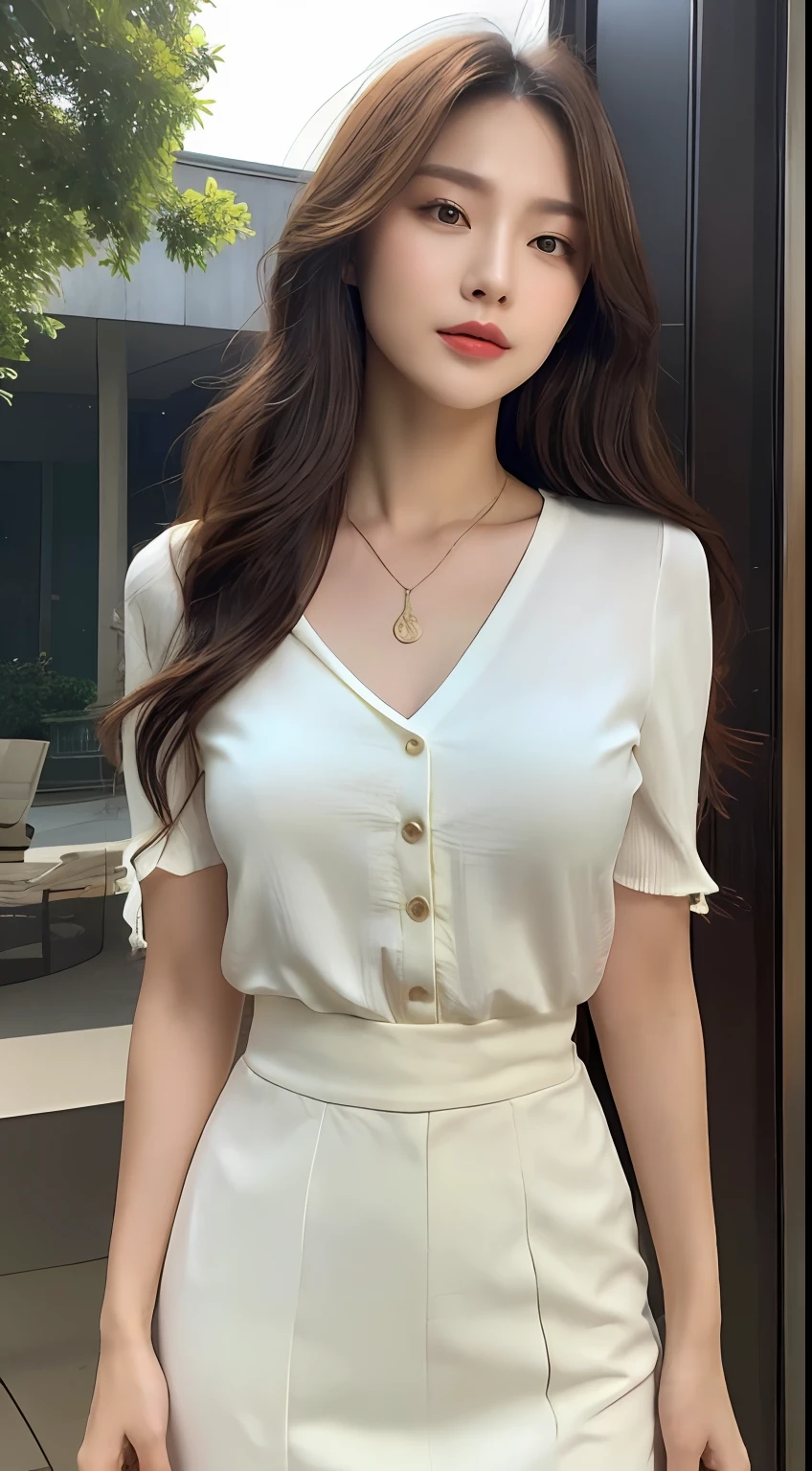 (best qualtiy,A high resolution,tmasterpiece:1.3),Two tall and beautiful women,Slender abs,Dark brown hair in loose wavy styling,nedium breasts,Wear a pendant,white button-down blouse,obi strip,a black skirt,(Modern architecture in background),Beautifully rendered details in face and skin textures,Detailed eyes,二重まぶた