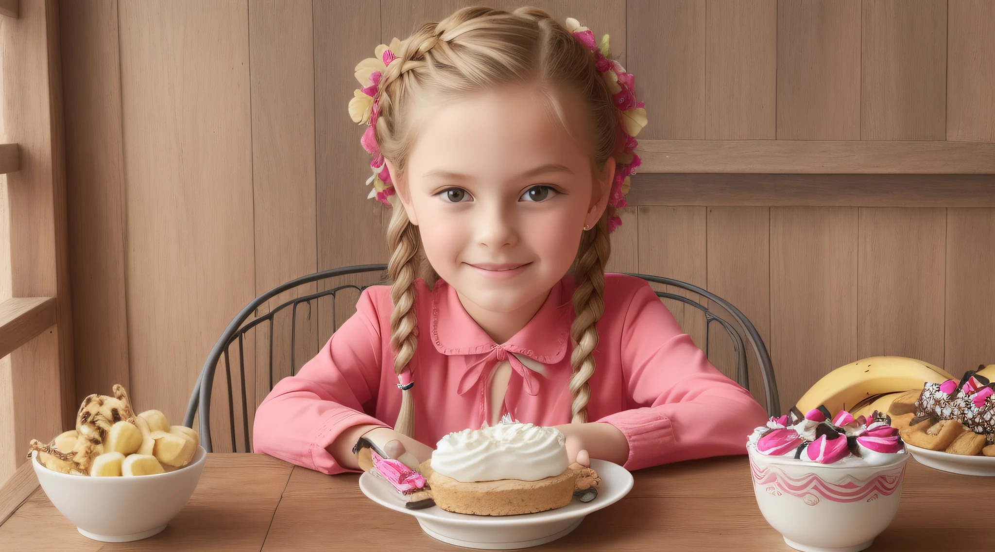 GIRL CHILD 10 YEARS OLD, Russian blonde in braids, Banana split