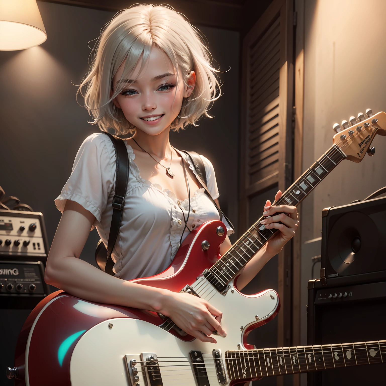 beautiful, enticing, girl playing eletric guitar, short, light silver hair, vibing, passionate, smiling