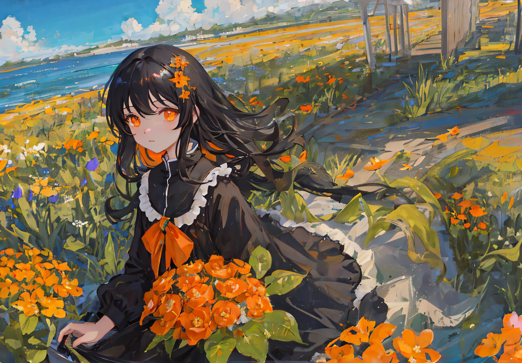 Masterpiece, Best quality, Ultra-detailed, illustration, Detailed orange eyes, 1girll, Long black hair, A sea of flowers full of spring atmosphere, Beautiful sky,Qi bangs