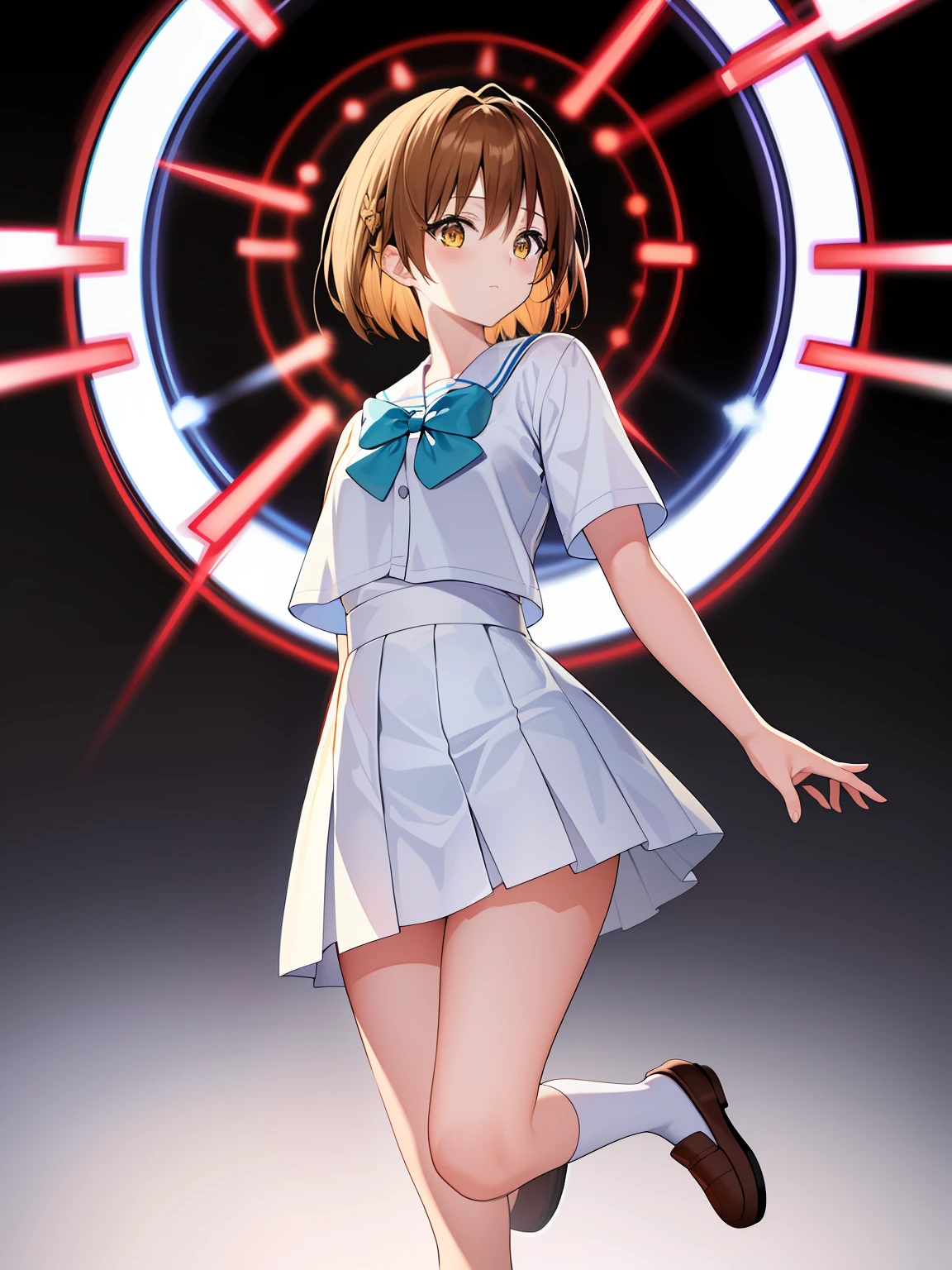 (hyper extreme detailed),(masterpeace),(hyper extreme),(photorealistic),CG,(colour:1.1), beautiful lighting,light from the front,solo,1girl,white background, full body, 
 yuusaki_riko,orenge hair,short hair,yellow eyes,school uniform,